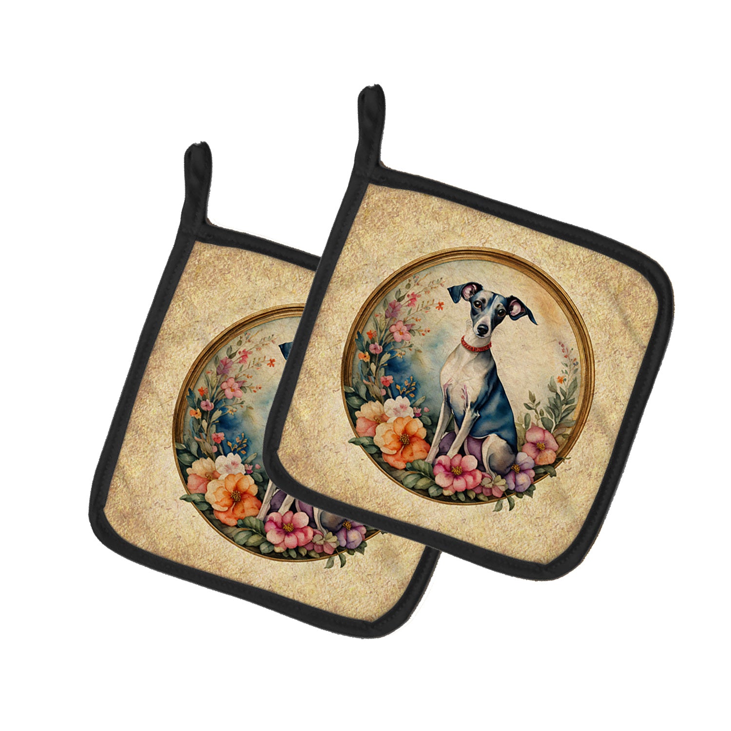 Italian Greyhound and Flowers Pair of Pot Holders Kitchen Heat Resistant Pot Holders Sets Oven Hot Pads for Cooking Baking BBQ, 7 1/2 x 7 1/2