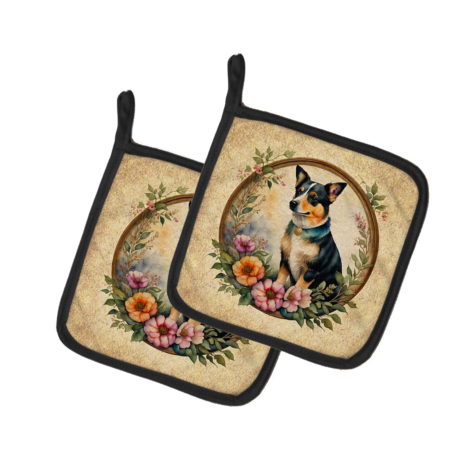 Lancashire Heeler and Flowers Pair of Pot Holders Kitchen Heat Resistant Pot Holders Sets Oven Hot Pads for Cooking Baking BBQ, 7 1/2 x 7 1/2