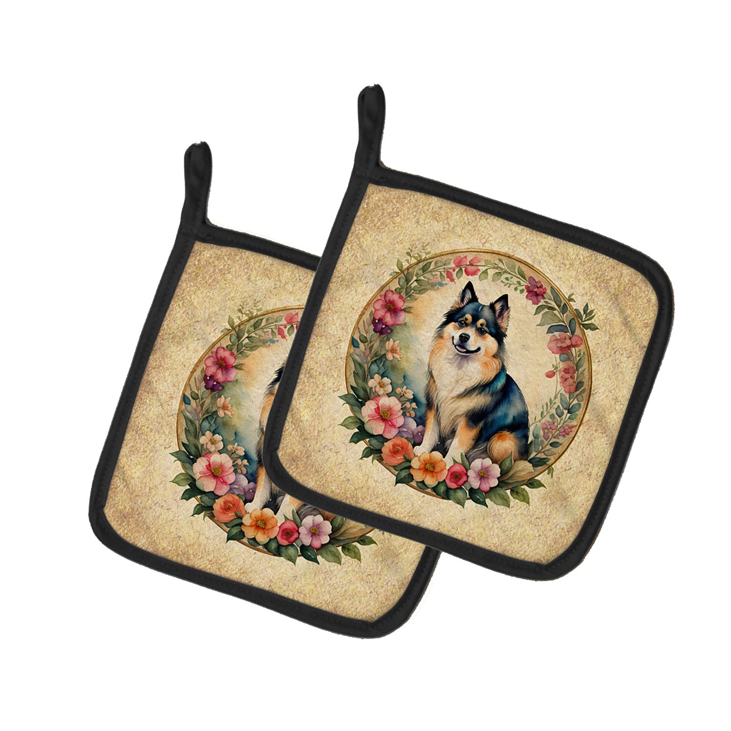 Finnish Lapphund and Flowers Pair of Pot Holders Kitchen Heat Resistant Pot Holders Sets Oven Hot Pads for Cooking Baking BBQ, 7 1/2 x 7 1/2