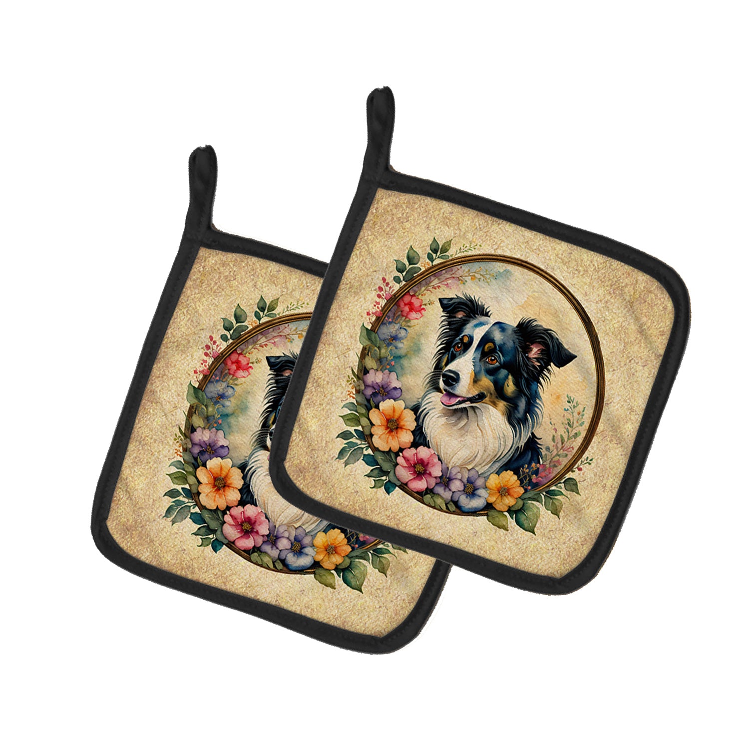 Border Collie and Flowers Pair of Pot Holders Kitchen Heat Resistant Pot Holders Sets Oven Hot Pads for Cooking Baking BBQ, 7 1/2 x 7 1/2