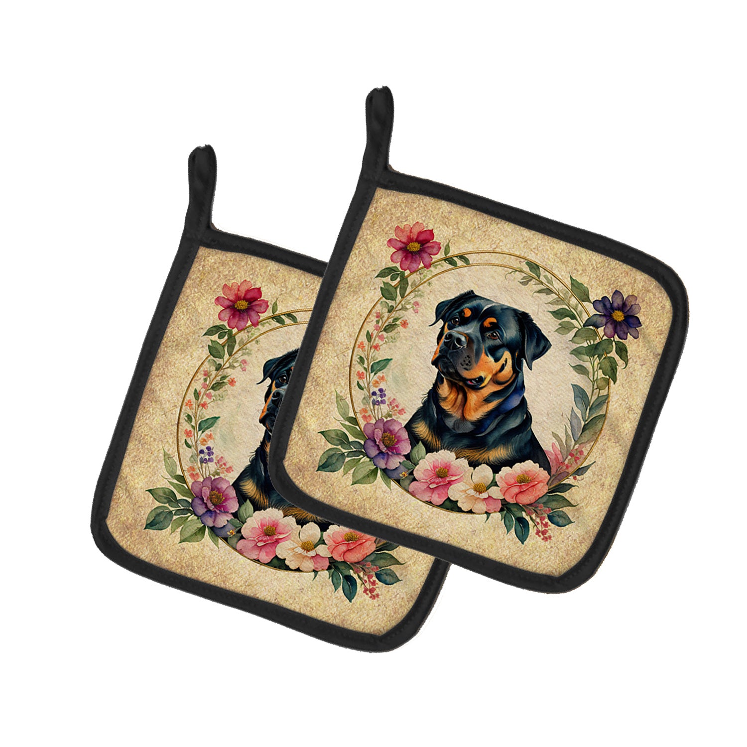 Rottweiler and Flowers Pair of Pot Holders Kitchen Heat Resistant Pot Holders Sets Oven Hot Pads for Cooking Baking BBQ, 7 1/2 x 7 1/2