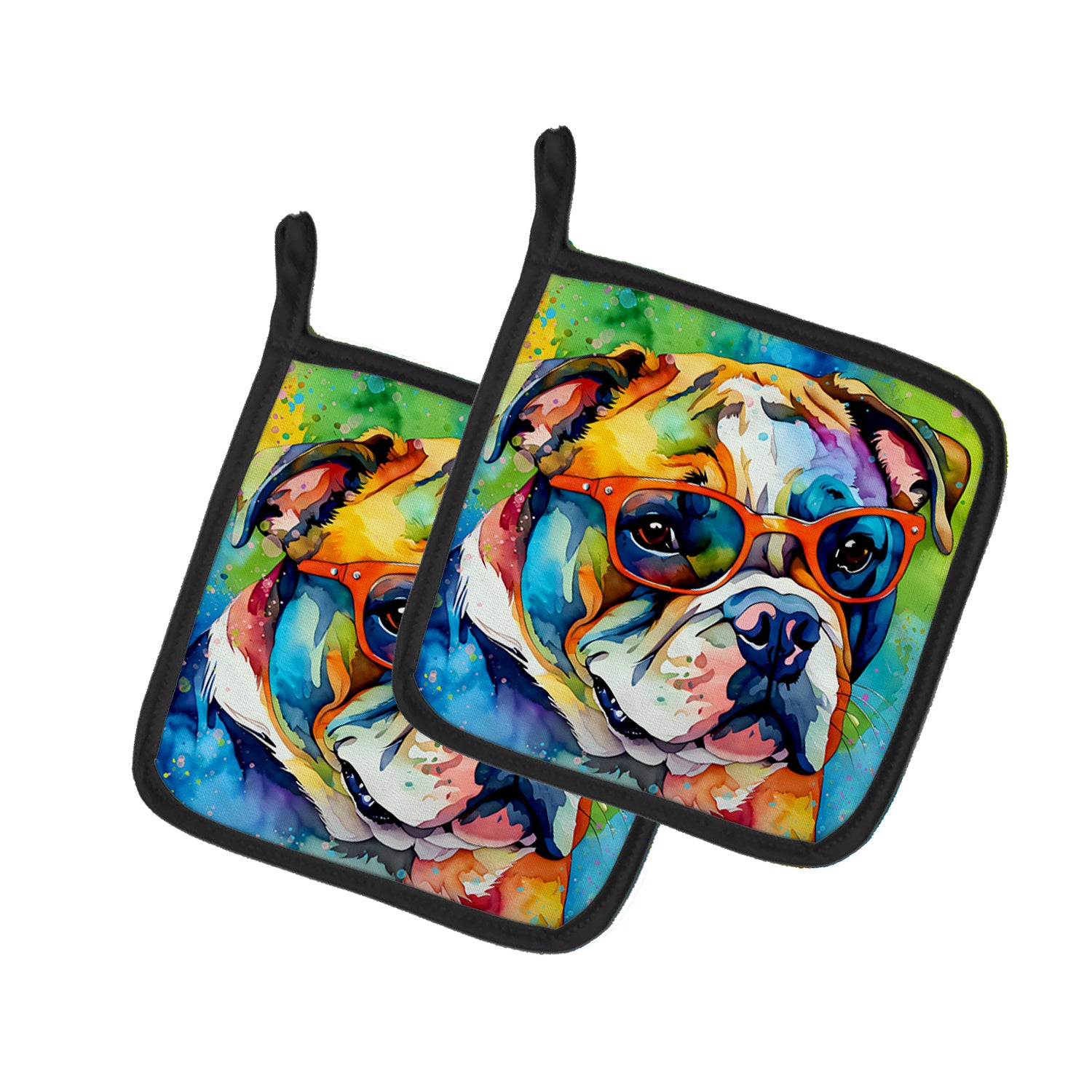 English Bulldog Hippie Dawg Pair of Pot Holders Kitchen Heat Resistant Pot Holders Sets Oven Hot Pads for Cooking Baking BBQ, 7 1/2 x 7 1/2