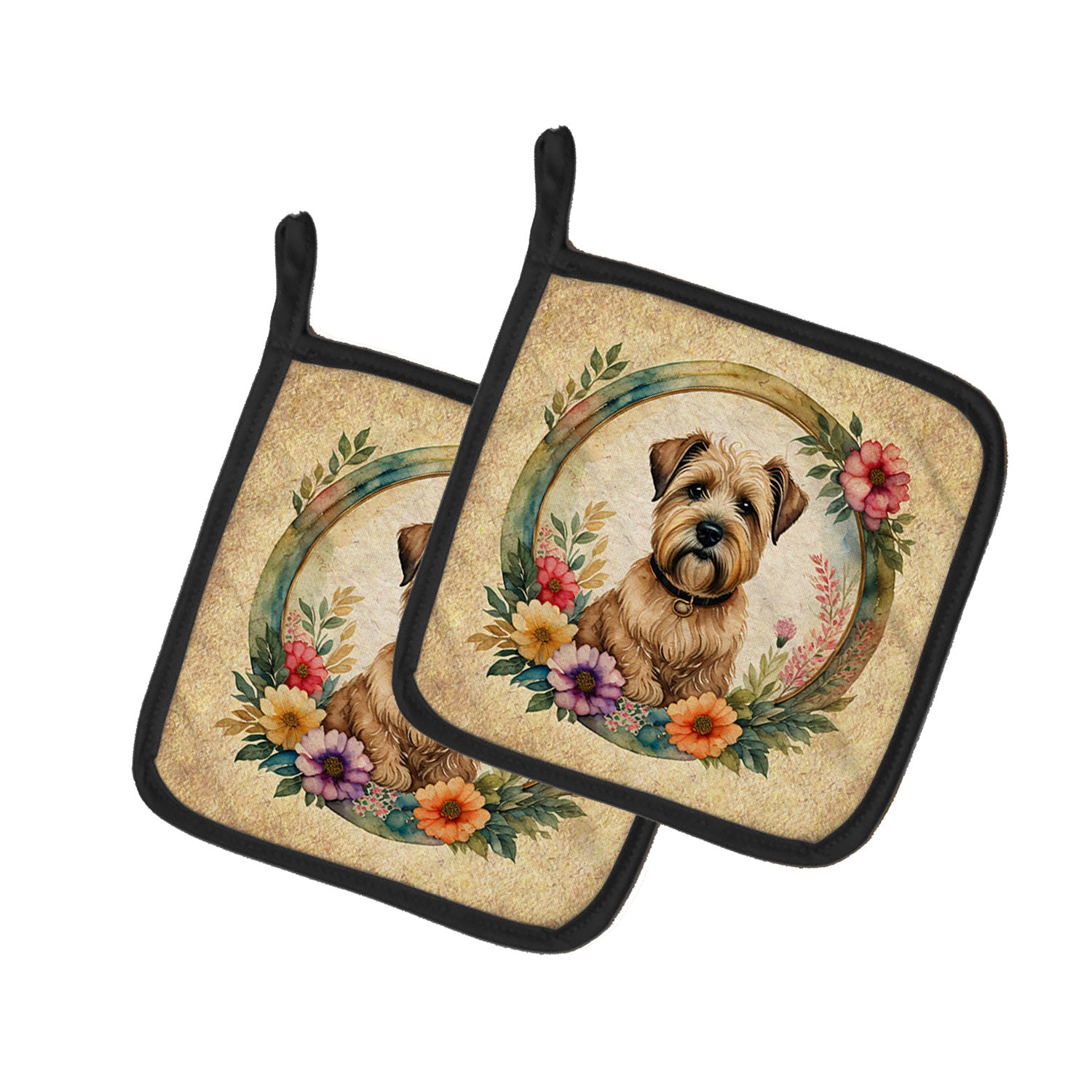 Wheaten Terrier and Flowers Pair of Pot Holders Kitchen Heat Resistant Pot Holders Sets Oven Hot Pads for Cooking Baking BBQ, 7 1/2 x 7 1/2