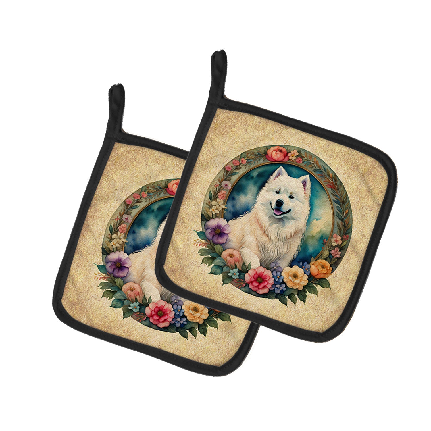 Samoyed and Flowers Pair of Pot Holders Kitchen Heat Resistant Pot Holders Sets Oven Hot Pads for Cooking Baking BBQ, 7 1/2 x 7 1/2