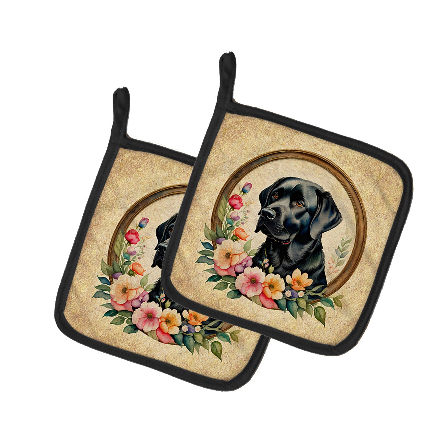 Black Labrador Retriever and Flowers Pair of Pot Holders Kitchen Heat Resistant Pot Holders Sets Oven Hot Pads for Cooking Baking BBQ, 7 1/2 x 7 1/2