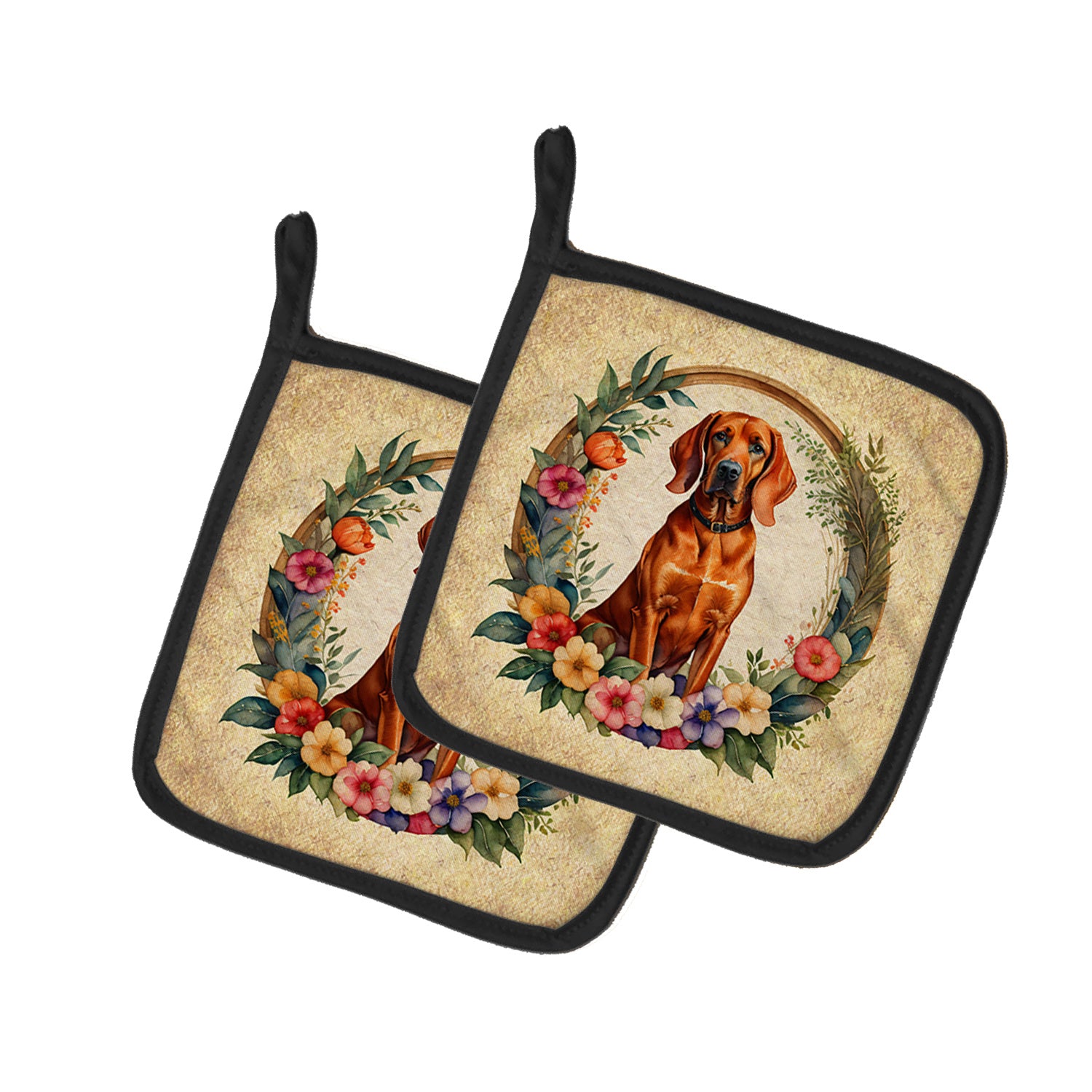 Redbone Coonhound and Flowers Pair of Pot Holders Kitchen Heat Resistant Pot Holders Sets Oven Hot Pads for Cooking Baking BBQ, 7 1/2 x 7 1/2