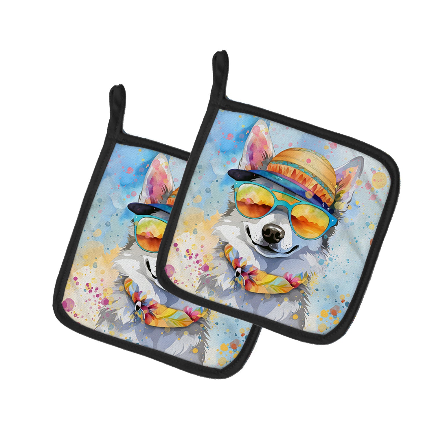 Alaskan Klee Kai Hippie Dawg Pair of Pot Holders Kitchen Heat Resistant Pot Holders Sets Oven Hot Pads for Cooking Baking BBQ, 7 1/2 x 7 1/2