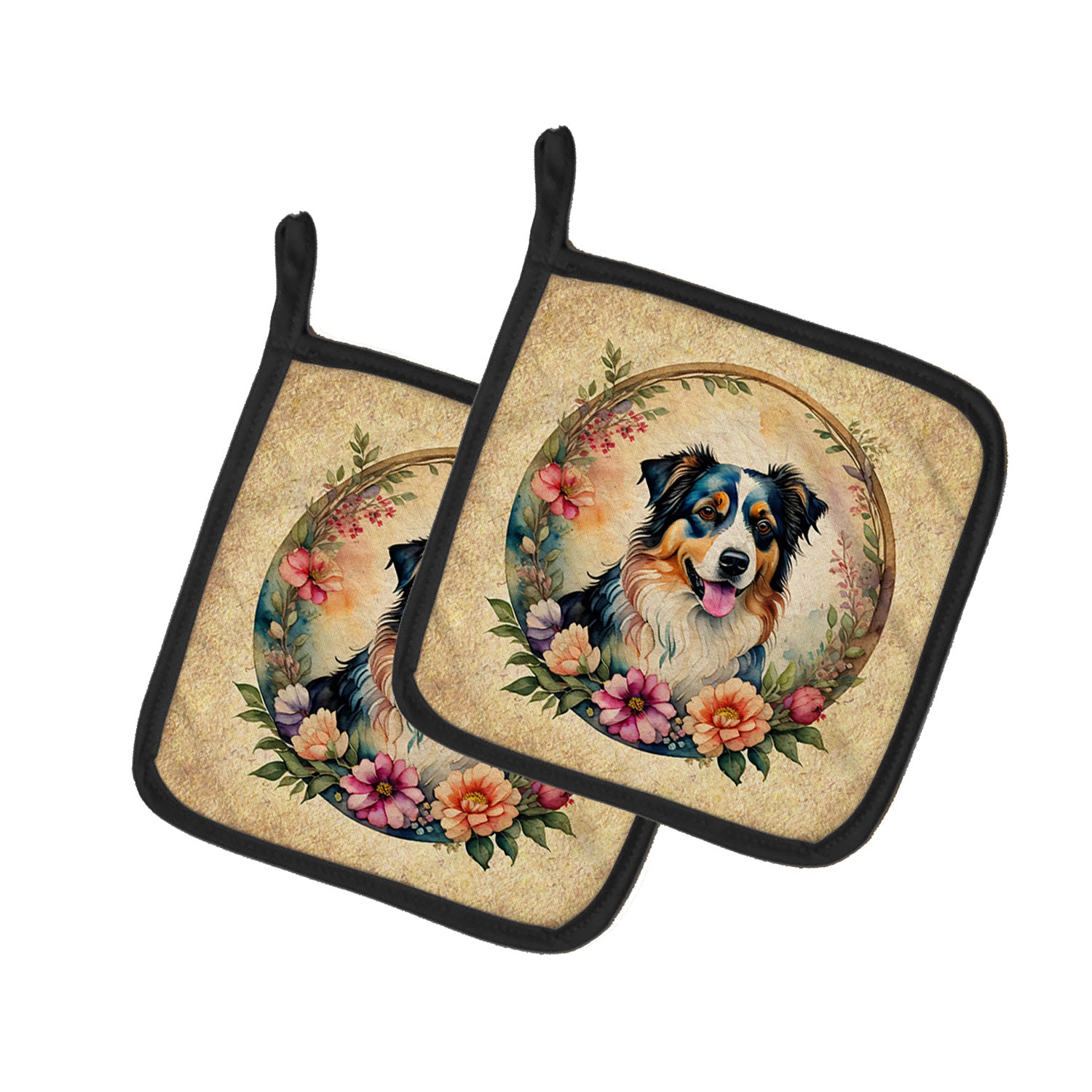 Australian Shepherd and Flowers Pair of Pot Holders Kitchen Heat Resistant Pot Holders Sets Oven Hot Pads for Cooking Baking BBQ, 7 1/2 x 7 1/2