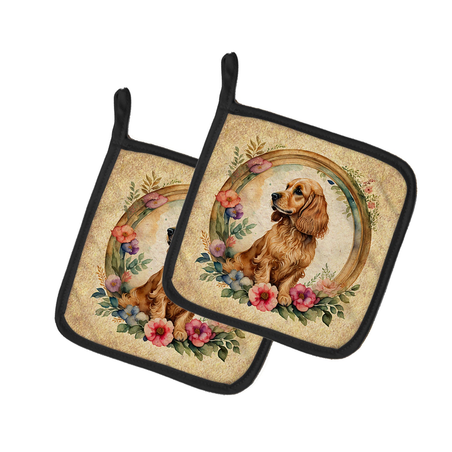 English Cocker Spaniel and Flowers Pair of Pot Holders Kitchen Heat Resistant Pot Holders Sets Oven Hot Pads for Cooking Baking BBQ, 7 1/2 x 7 1/2