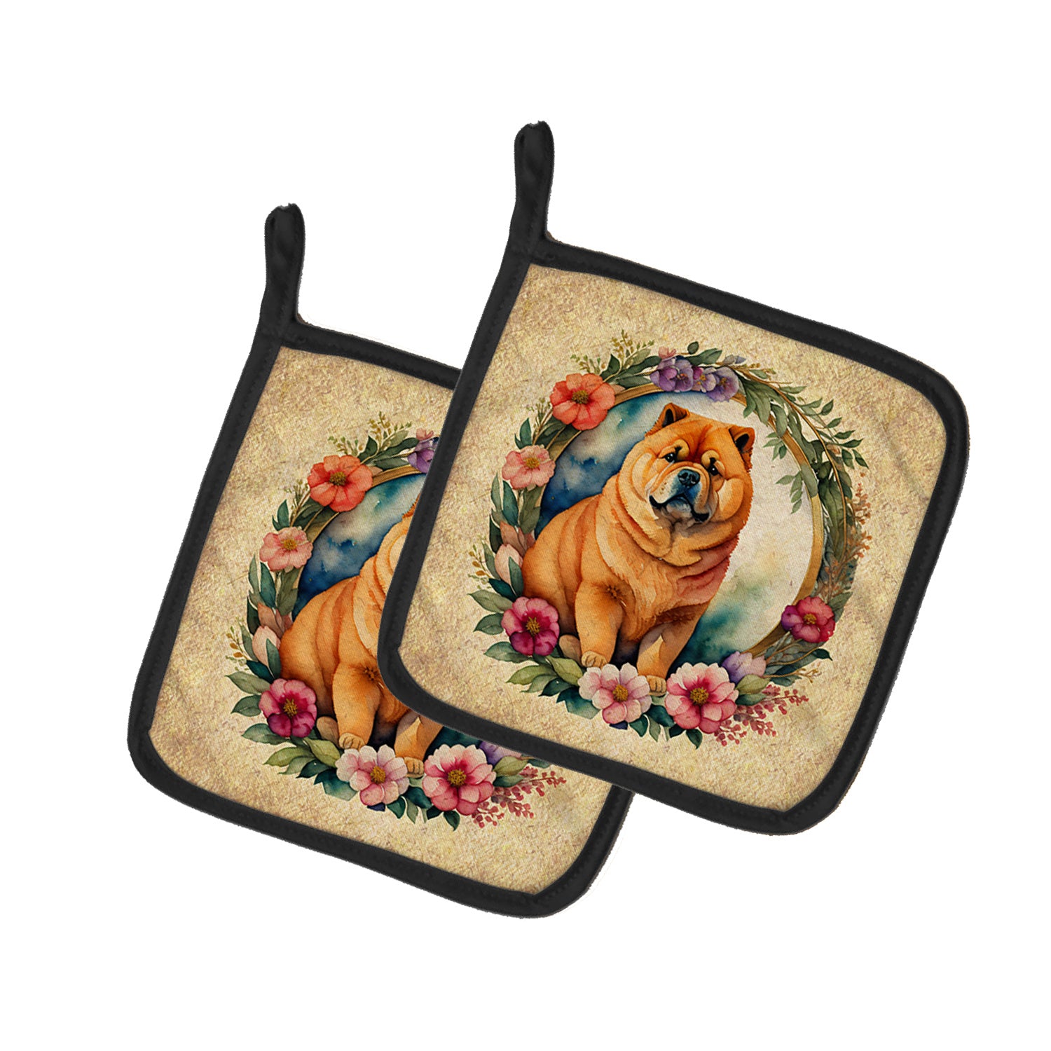 Chow Chow and Flowers Pair of Pot Holders Kitchen Heat Resistant Pot Holders Sets Oven Hot Pads for Cooking Baking BBQ, 7 1/2 x 7 1/2