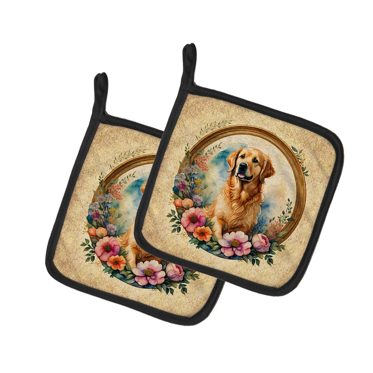 Golden Retriever and Flowers Pair of Pot Holders Kitchen Heat Resistant Pot Holders Sets Oven Hot Pads for Cooking Baking BBQ, 7 1/2 x 7 1/2