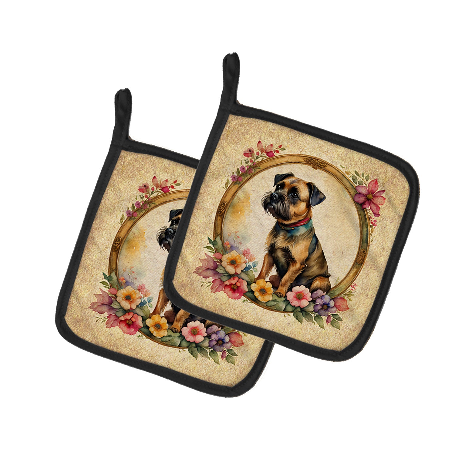 Border Terrier and Flowers Pair of Pot Holders Kitchen Heat Resistant Pot Holders Sets Oven Hot Pads for Cooking Baking BBQ, 7 1/2 x 7 1/2