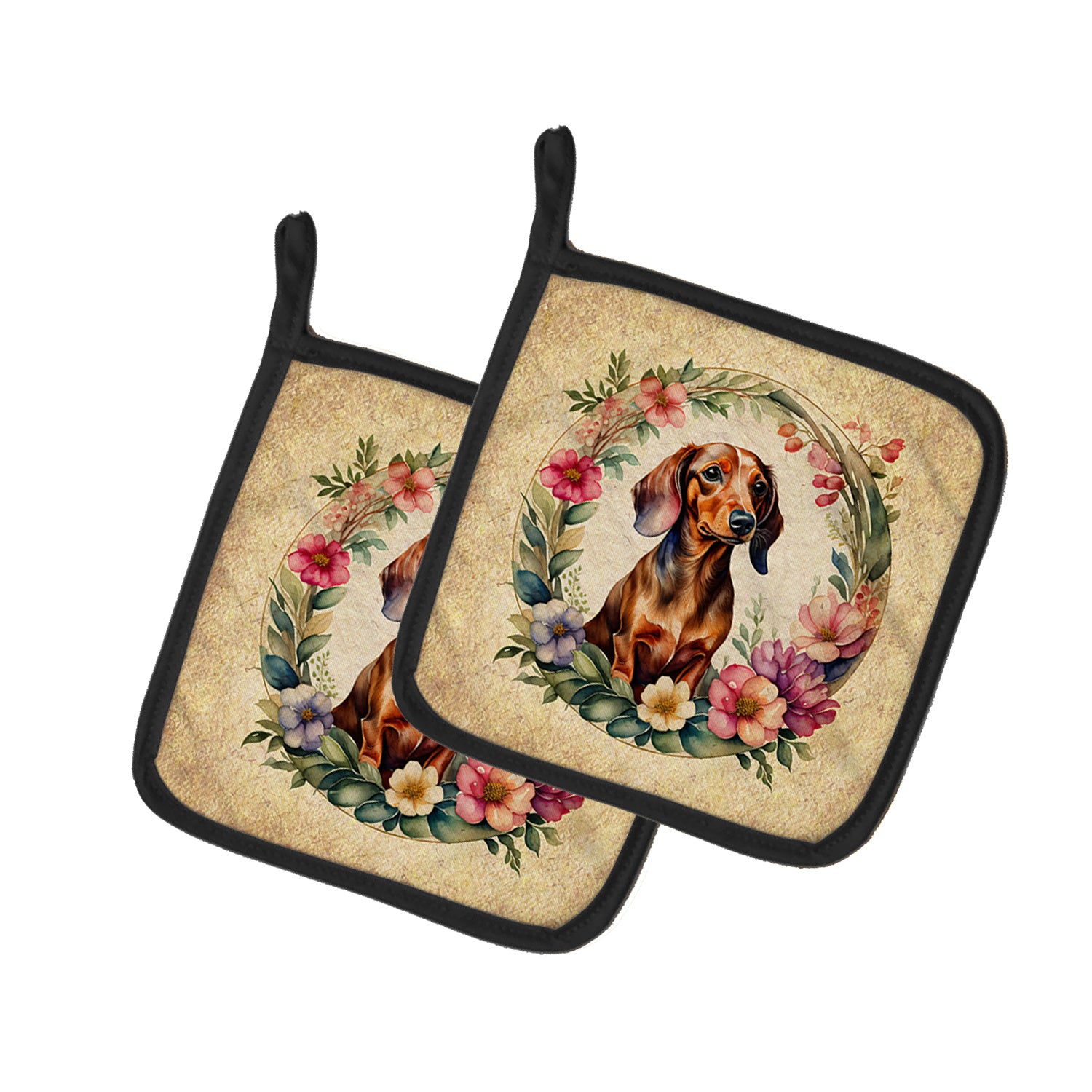 Dachshund and Flowers Pair of Pot Holders Kitchen Heat Resistant Pot Holders Sets Oven Hot Pads for Cooking Baking BBQ, 7 1/2 x 7 1/2