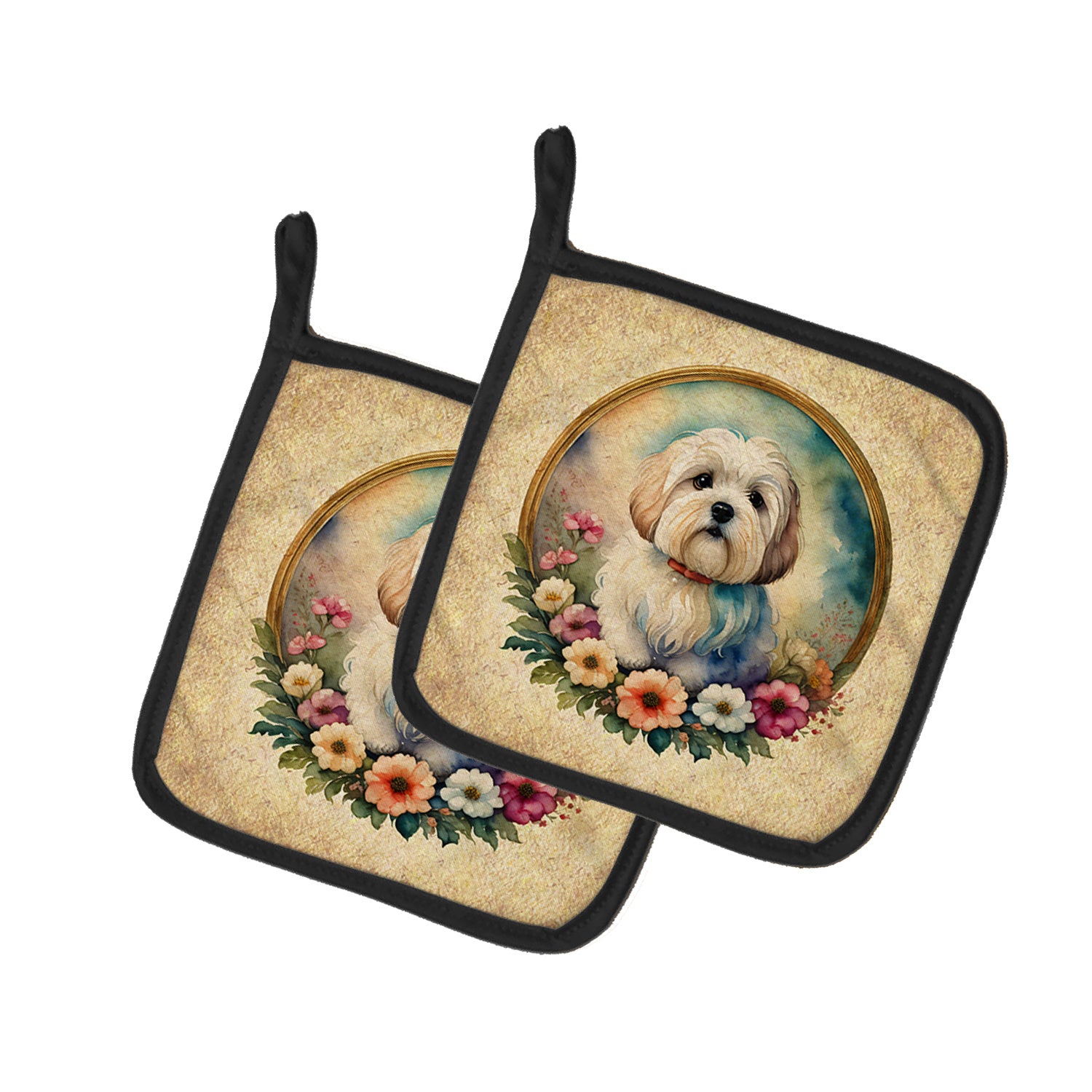 Coton De Tulear and Flowers Pair of Pot Holders Kitchen Heat Resistant Pot Holders Sets Oven Hot Pads for Cooking Baking BBQ, 7 1/2 x 7 1/2