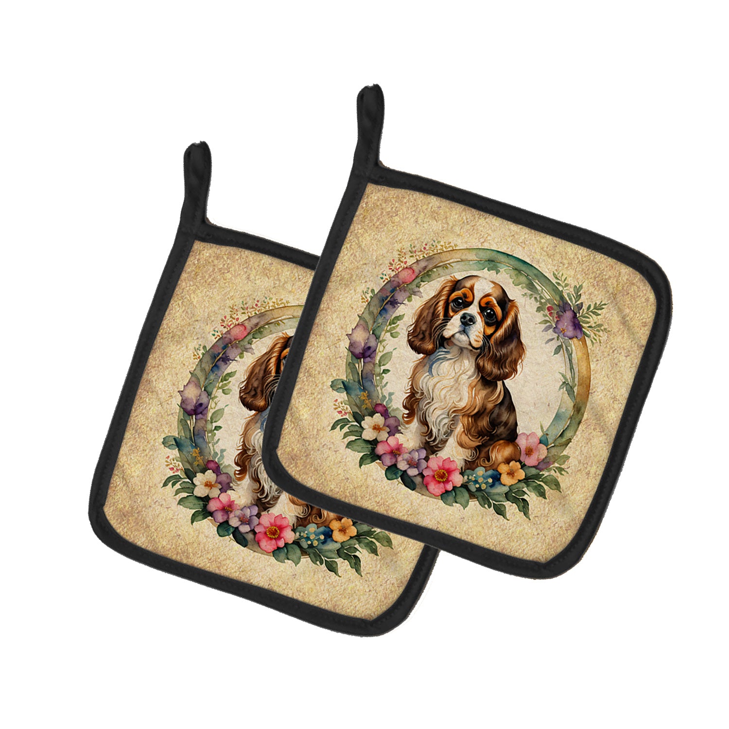 Cavalier Spaniel and Flowers Pair of Pot Holders Kitchen Heat Resistant Pot Holders Sets Oven Hot Pads for Cooking Baking BBQ, 7 1/2 x 7 1/2