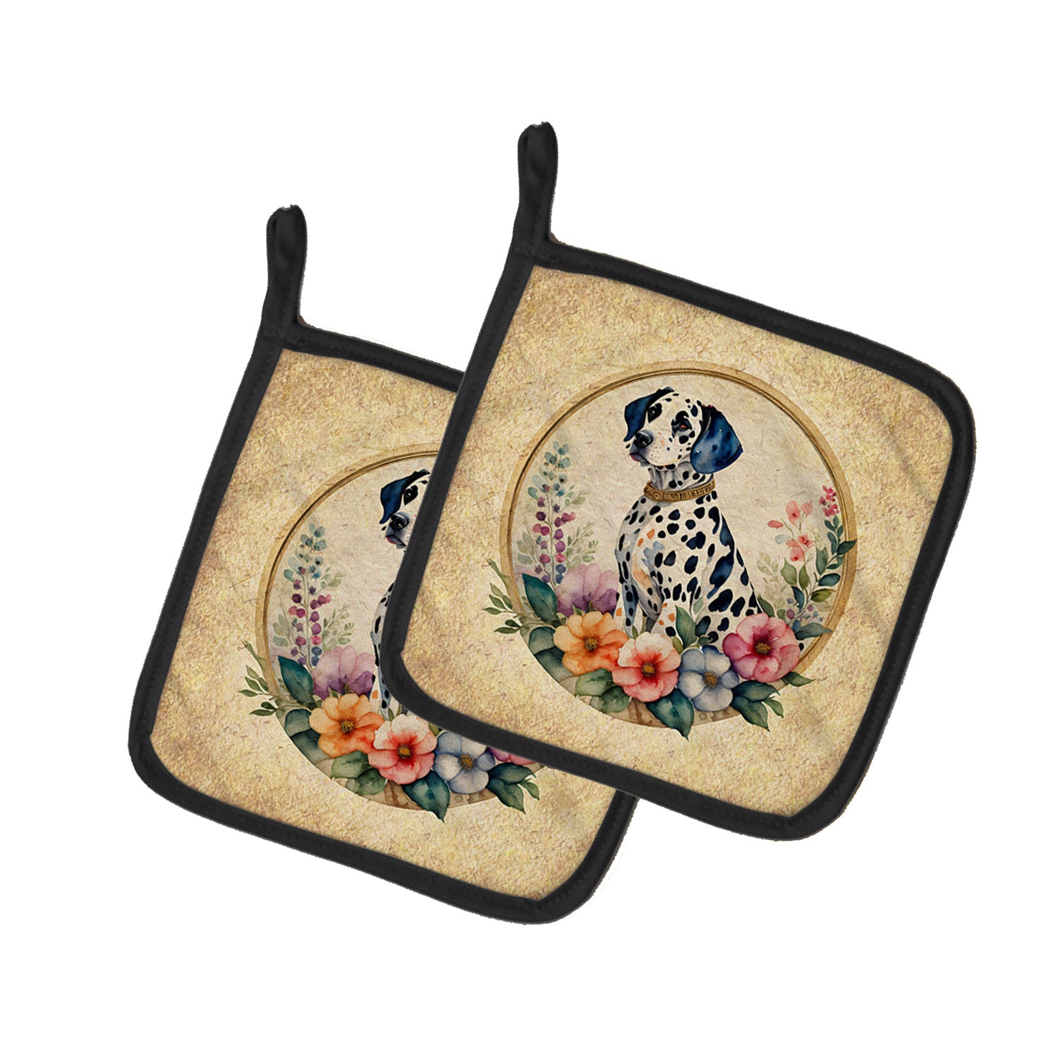 Dalmatian and Flowers Pair of Pot Holders Kitchen Heat Resistant Pot Holders Sets Oven Hot Pads for Cooking Baking BBQ, 7 1/2 x 7 1/2