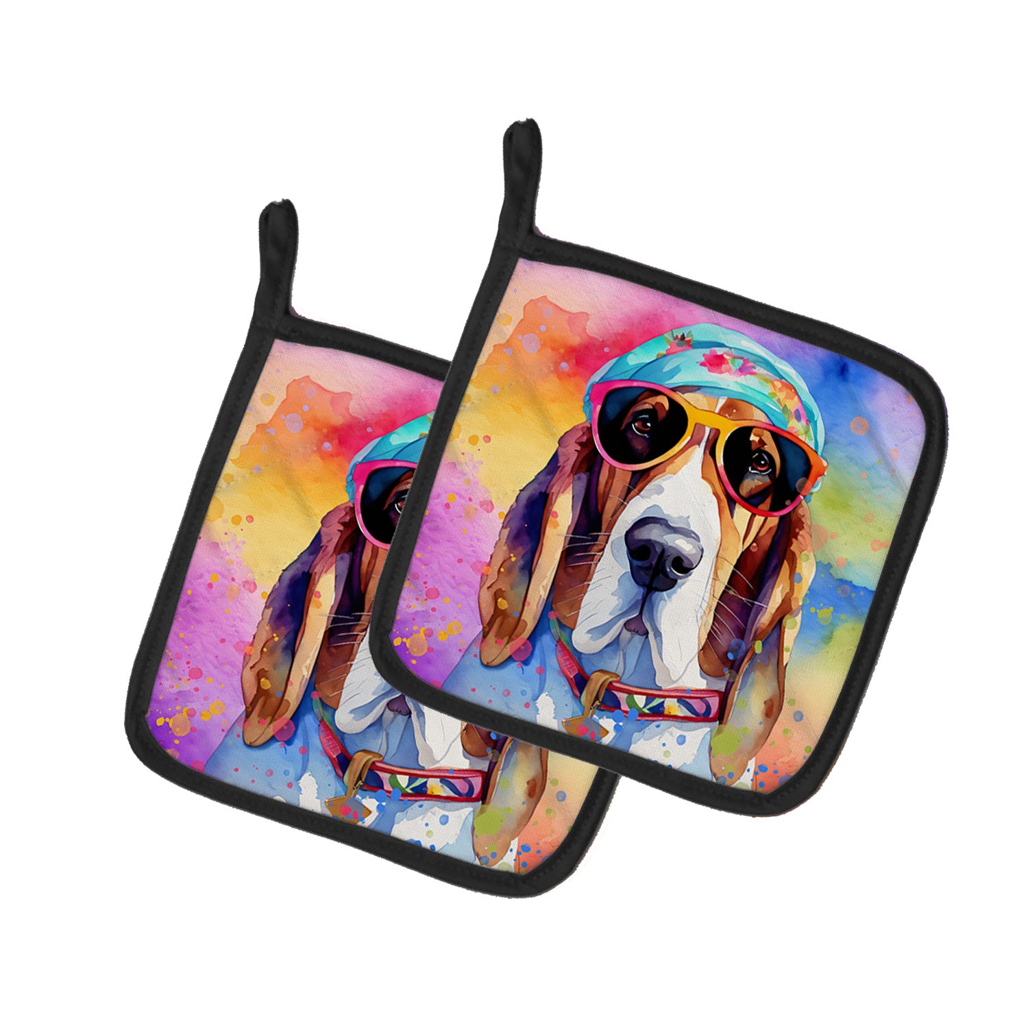 Basset Hound Hippie Dawg Pair of Pot Holders Kitchen Heat Resistant Pot Holders Sets Oven Hot Pads for Cooking Baking BBQ, 7 1/2 x 7 1/2