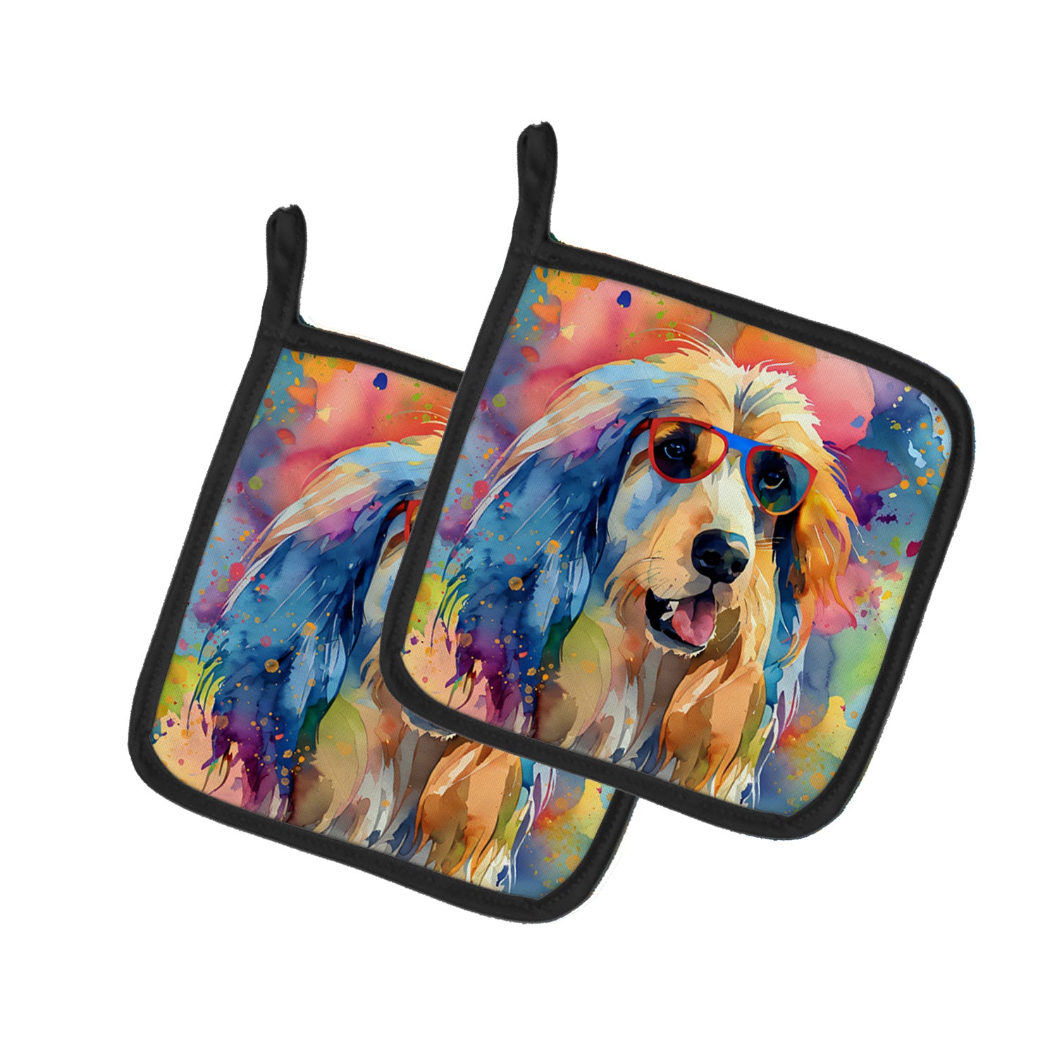 Afghan Hound Hippie Dawg Pair of Pot Holders Kitchen Heat Resistant Pot Holders Sets Oven Hot Pads for Cooking Baking BBQ, 7 1/2 x 7 1/2