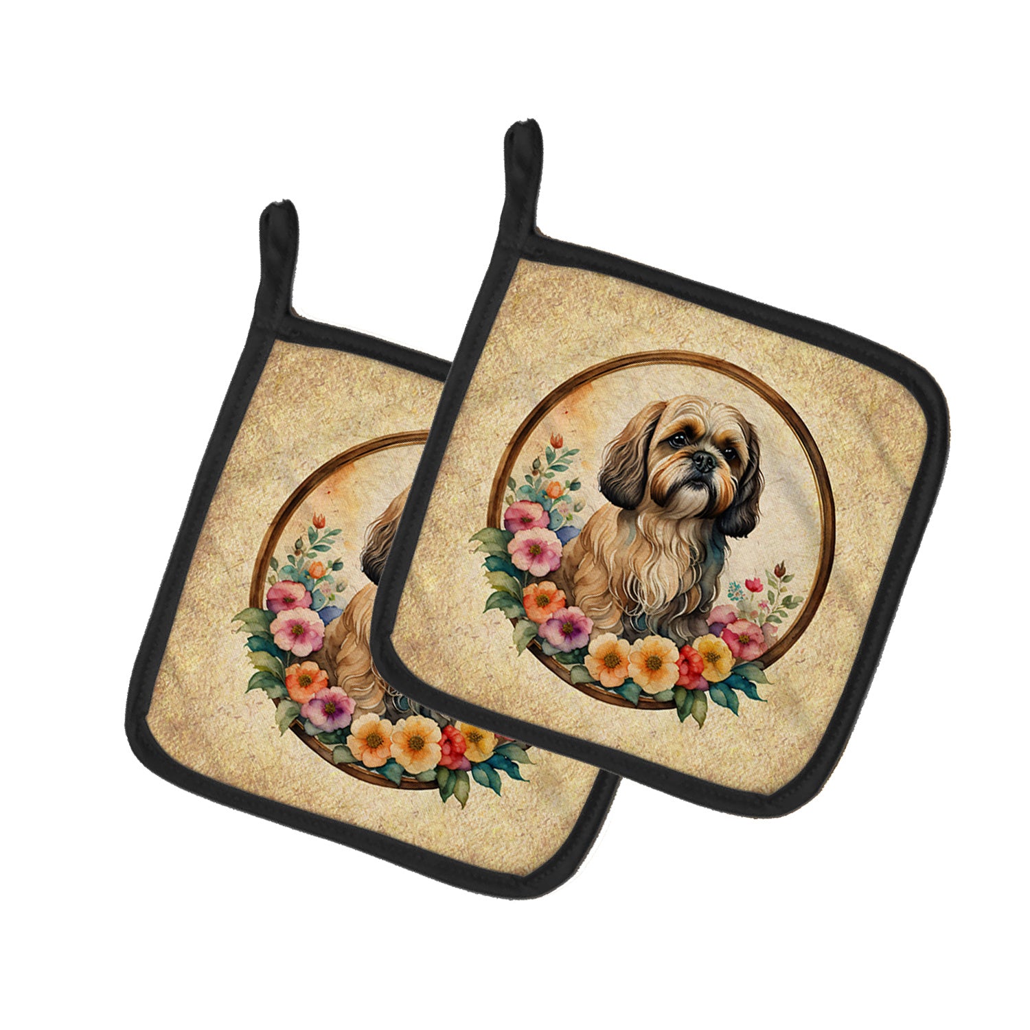 Lhasa Apso and Flowers Pair of Pot Holders Kitchen Heat Resistant Pot Holders Sets Oven Hot Pads for Cooking Baking BBQ, 7 1/2 x 7 1/2