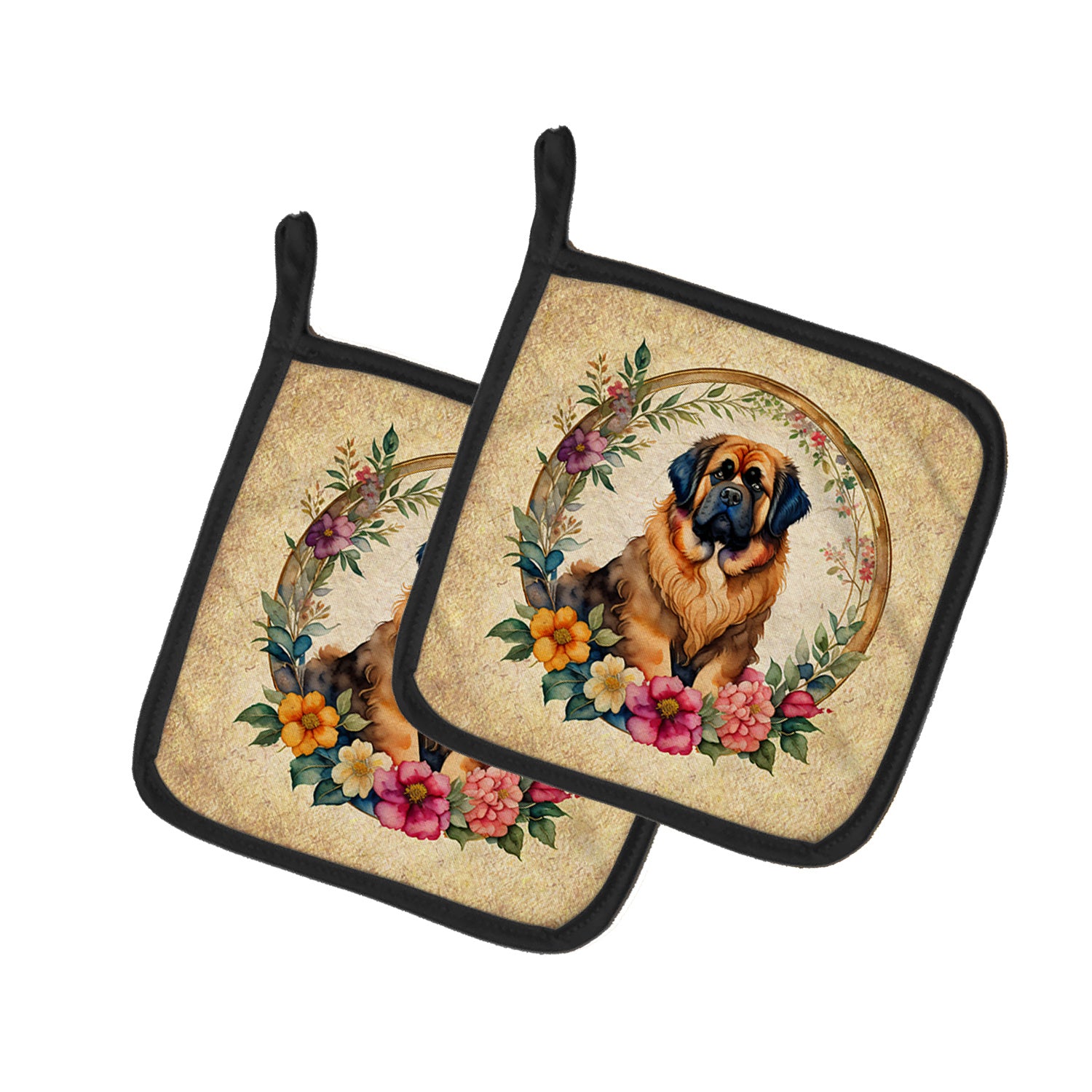 Tibetan Mastiff and Flowers Pair of Pot Holders Kitchen Heat Resistant Pot Holders Sets Oven Hot Pads for Cooking Baking BBQ, 7 1/2 x 7 1/2