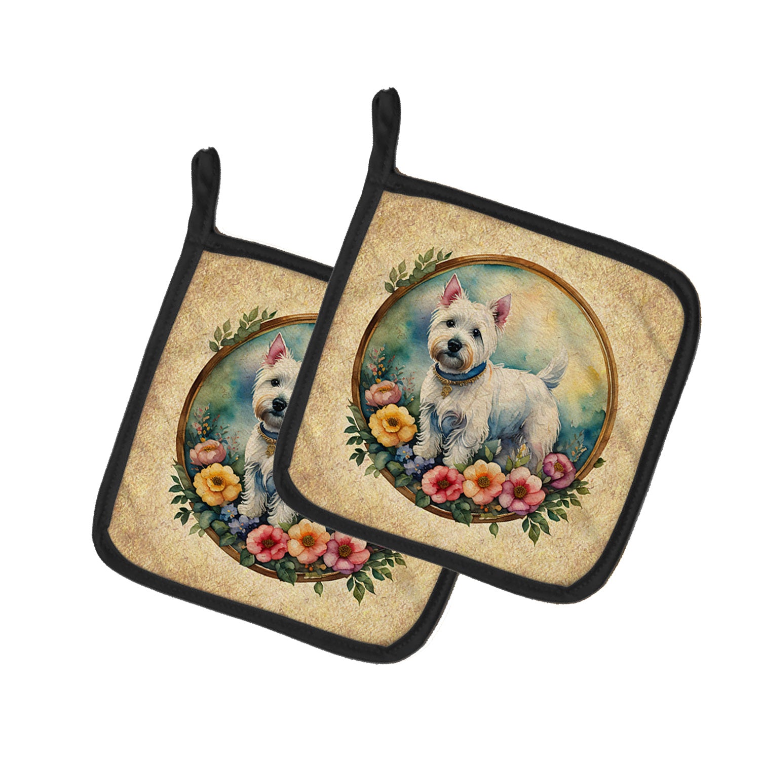 Westie and Flowers Pair of Pot Holders Kitchen Heat Resistant Pot Holders Sets Oven Hot Pads for Cooking Baking BBQ, 7 1/2 x 7 1/2