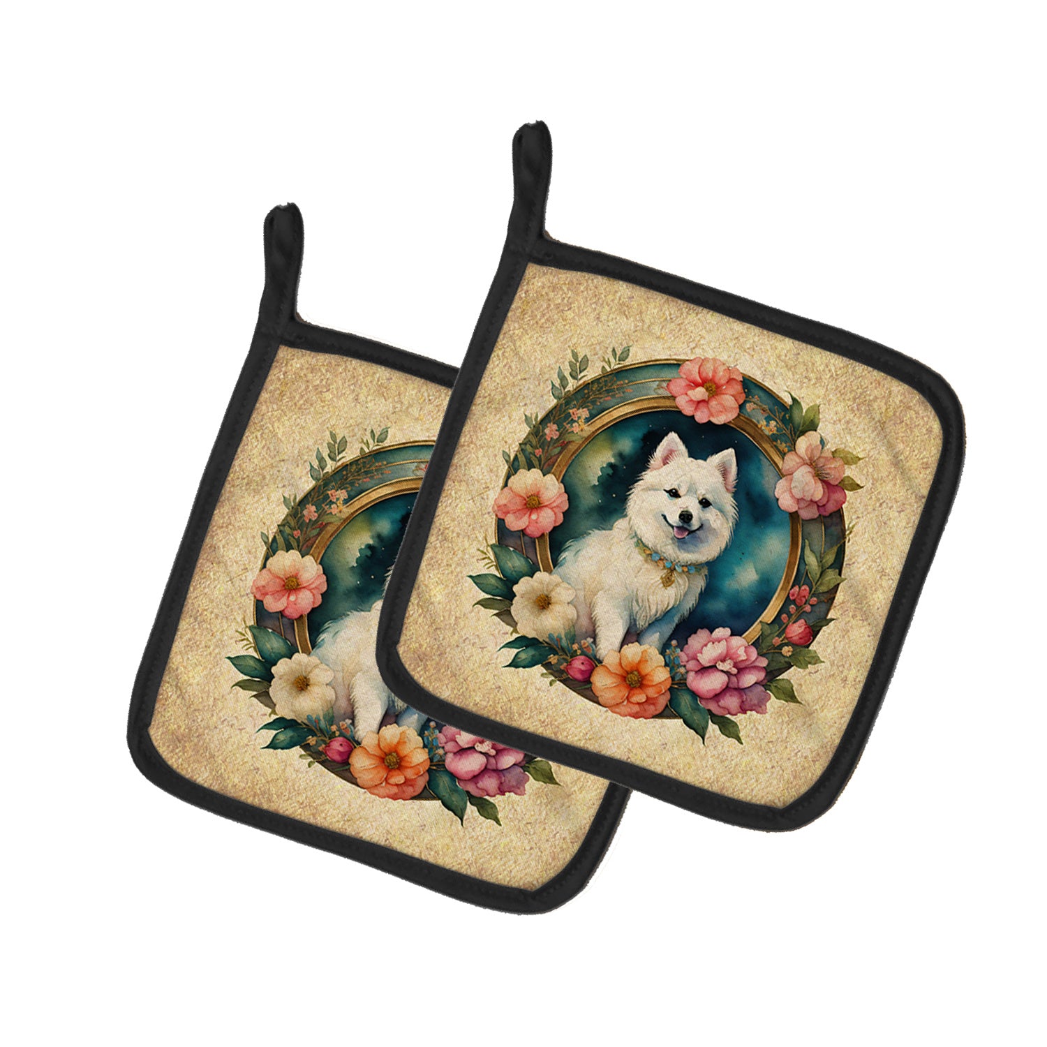 Japanese Spitz and Flowers Pair of Pot Holders Kitchen Heat Resistant Pot Holders Sets Oven Hot Pads for Cooking Baking BBQ, 7 1/2 x 7 1/2