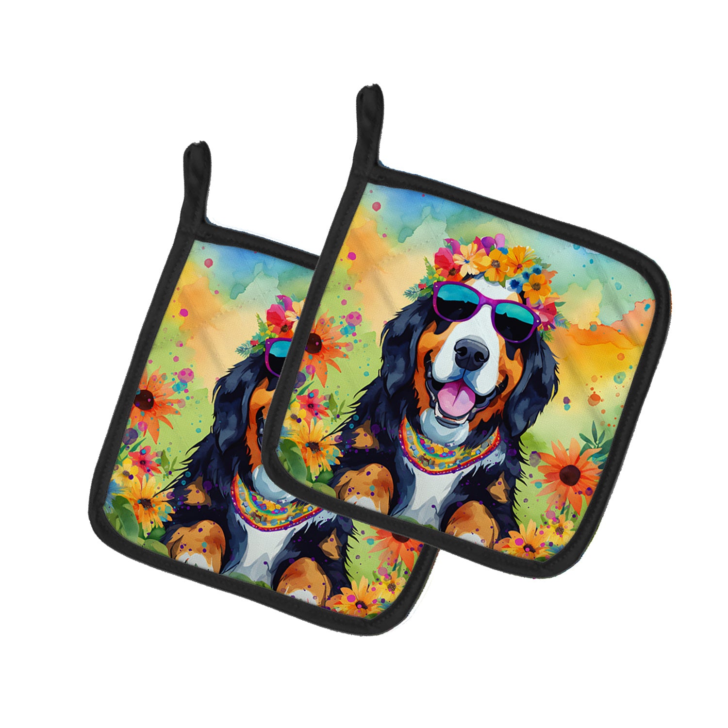 Bernese Mountain Dog Hippie Dawg Pair of Pot Holders Kitchen Heat Resistant Pot Holders Sets Oven Hot Pads for Cooking Baking BBQ, 7 1/2 x 7 1/2