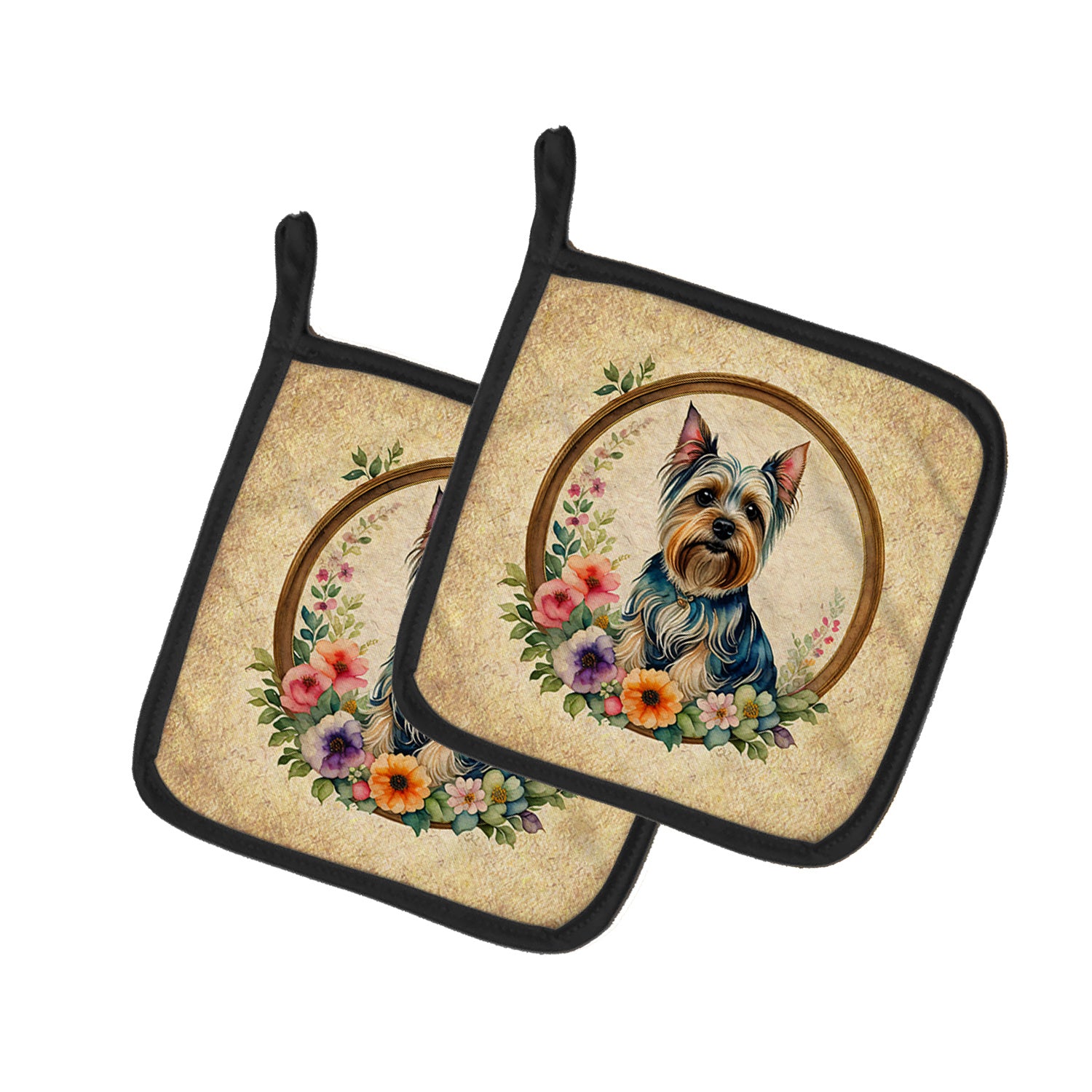 Silky Terrier and Flowers Pair of Pot Holders Kitchen Heat Resistant Pot Holders Sets Oven Hot Pads for Cooking Baking BBQ, 7 1/2 x 7 1/2