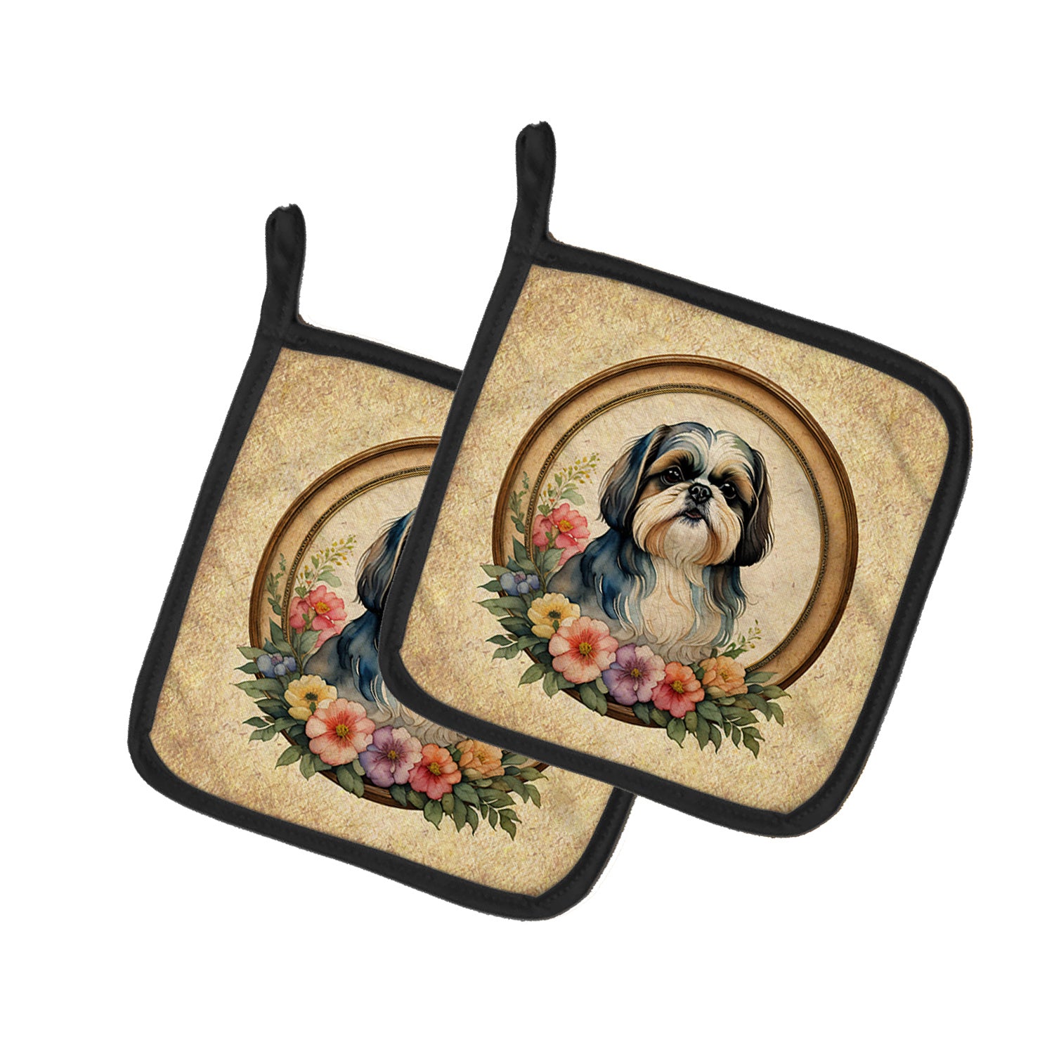 Shih Tzu and Flowers Pair of Pot Holders Kitchen Heat Resistant Pot Holders Sets Oven Hot Pads for Cooking Baking BBQ, 7 1/2 x 7 1/2