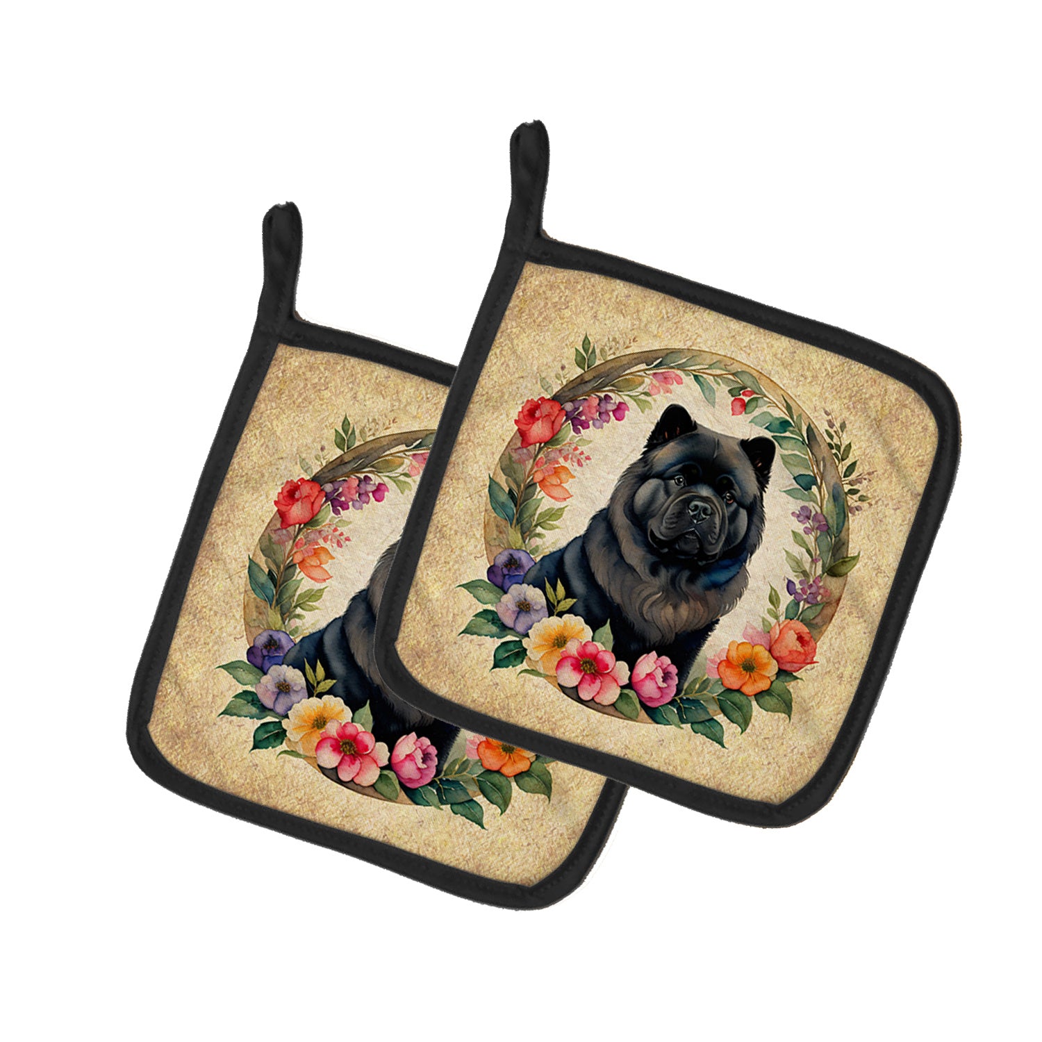 Black Chow Chow and Flowers Pair of Pot Holders Kitchen Heat Resistant Pot Holders Sets Oven Hot Pads for Cooking Baking BBQ, 7 1/2 x 7 1/2