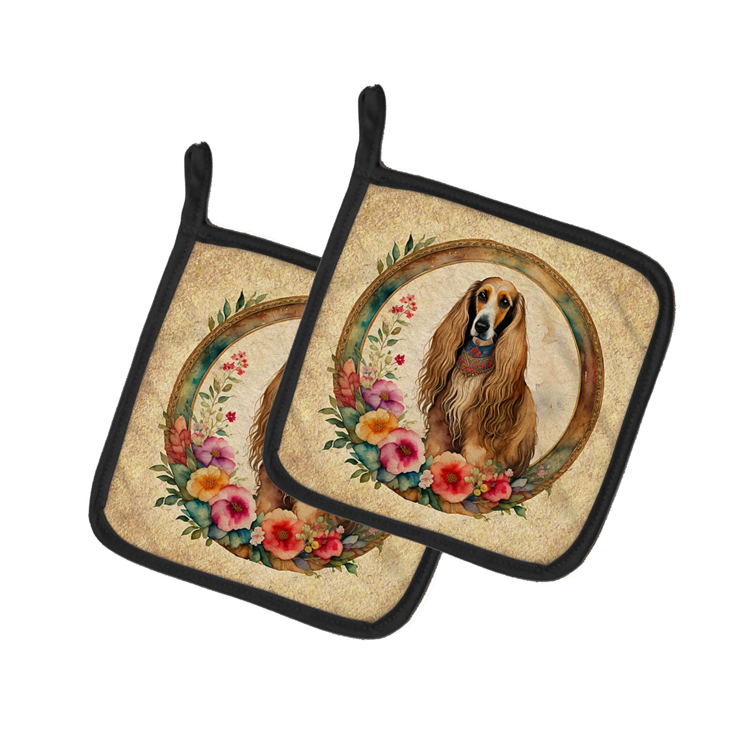 Afghan Hound and Flowers Pair of Pot Holders Kitchen Heat Resistant Pot Holders Sets Oven Hot Pads for Cooking Baking BBQ, 7 1/2 x 7 1/2