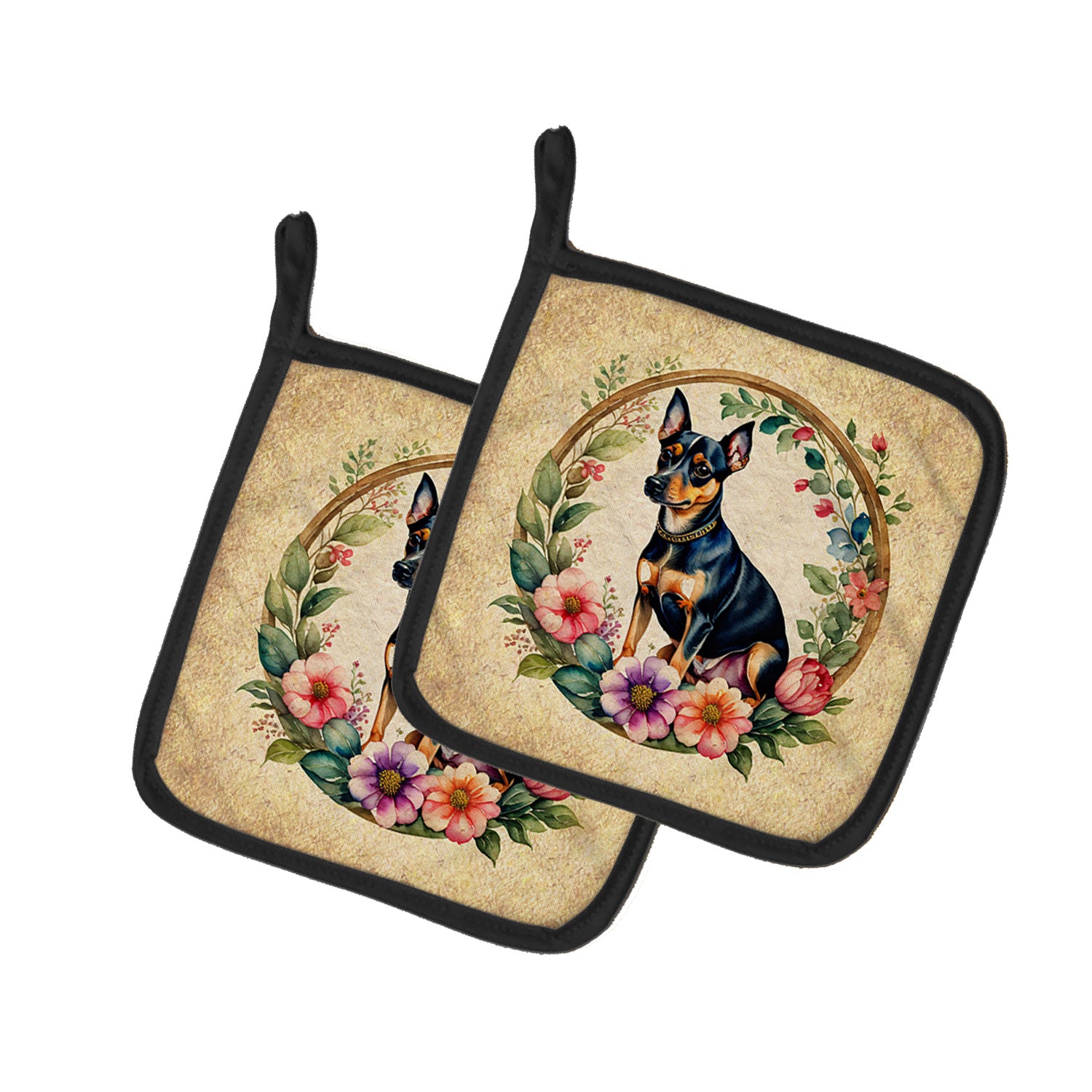 Miniature Pinscher and Flowers Pair of Pot Holders Kitchen Heat Resistant Pot Holders Sets Oven Hot Pads for Cooking Baking BBQ, 7 1/2 x 7 1/2