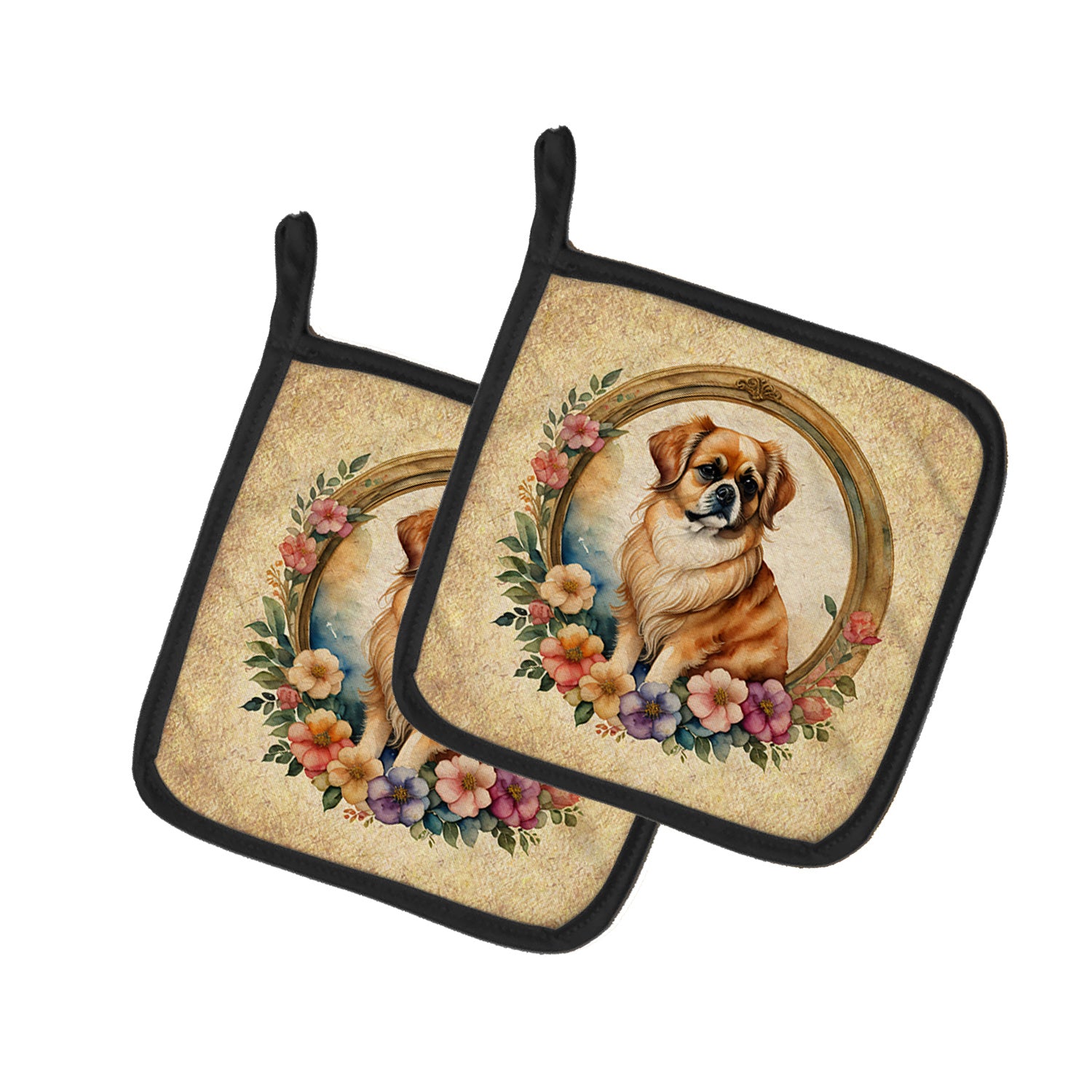 Tibetan Spaniel and Flowers Pair of Pot Holders Kitchen Heat Resistant Pot Holders Sets Oven Hot Pads for Cooking Baking BBQ, 7 1/2 x 7 1/2