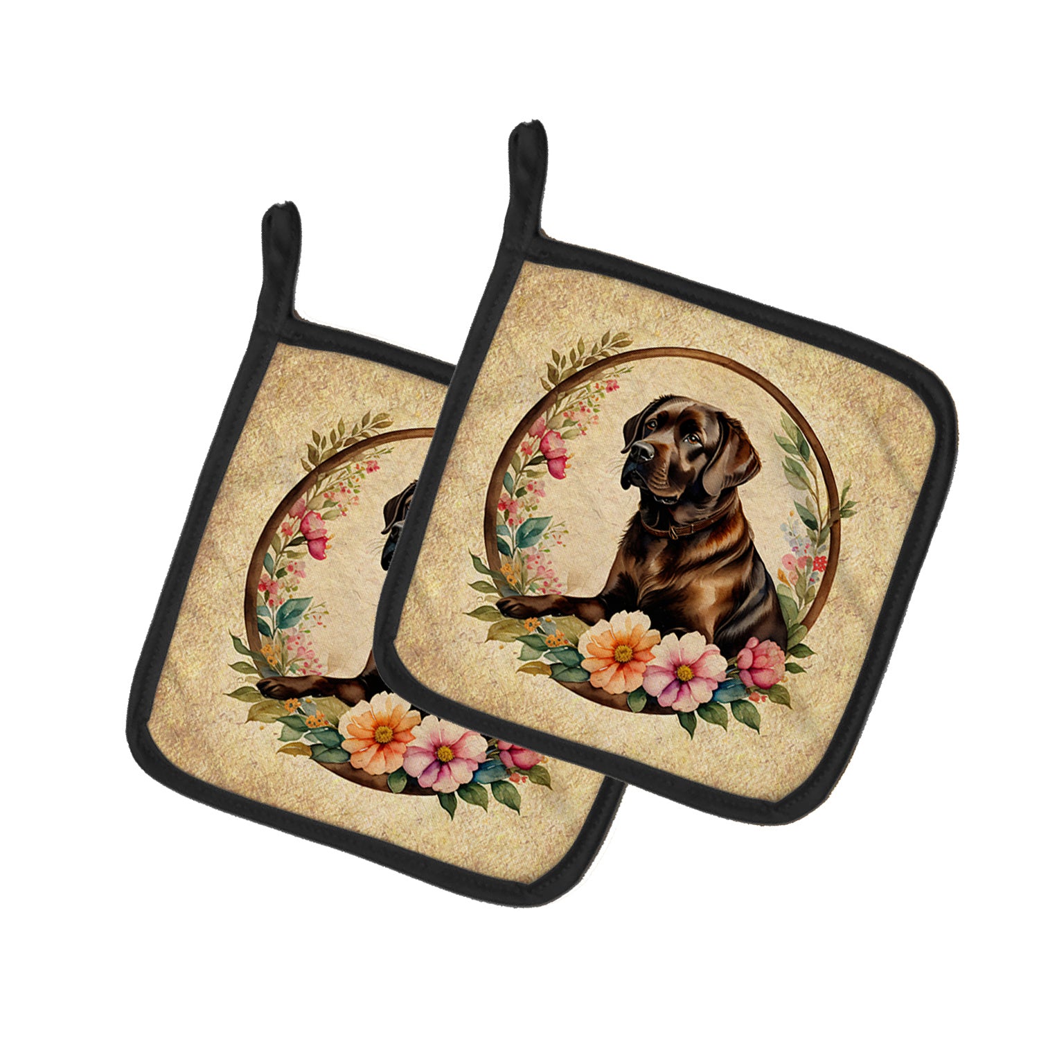 Chocolate Labrador Retriever and Flowers Pair of Pot Holders Kitchen Heat Resistant Pot Holders Sets Oven Hot Pads for Cooking Baking BBQ, 7 1/2 x 7 1/2