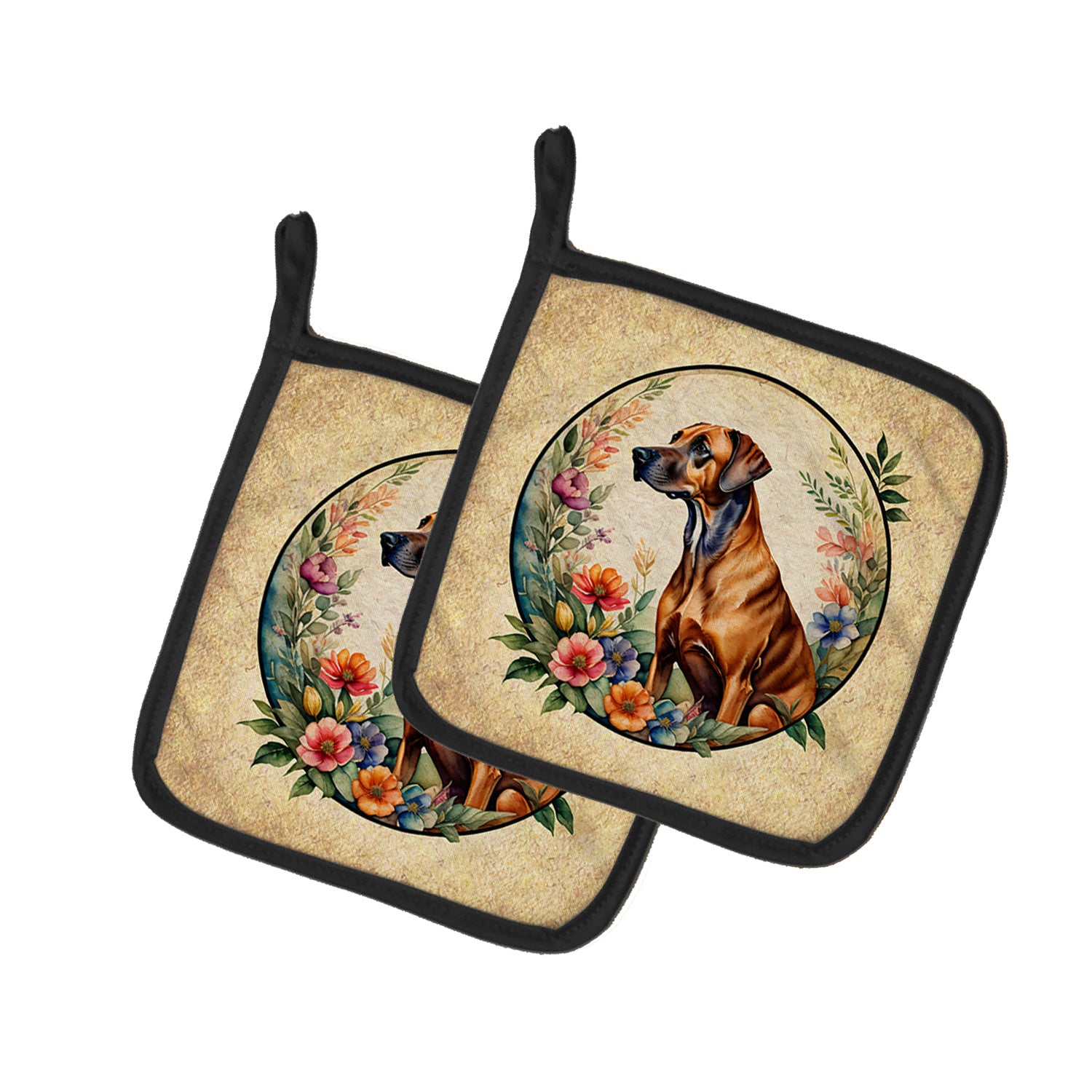 Rhodesian Ridgeback and Flowers Pair of Pot Holders Kitchen Heat Resistant Pot Holders Sets Oven Hot Pads for Cooking Baking BBQ, 7 1/2 x 7 1/2