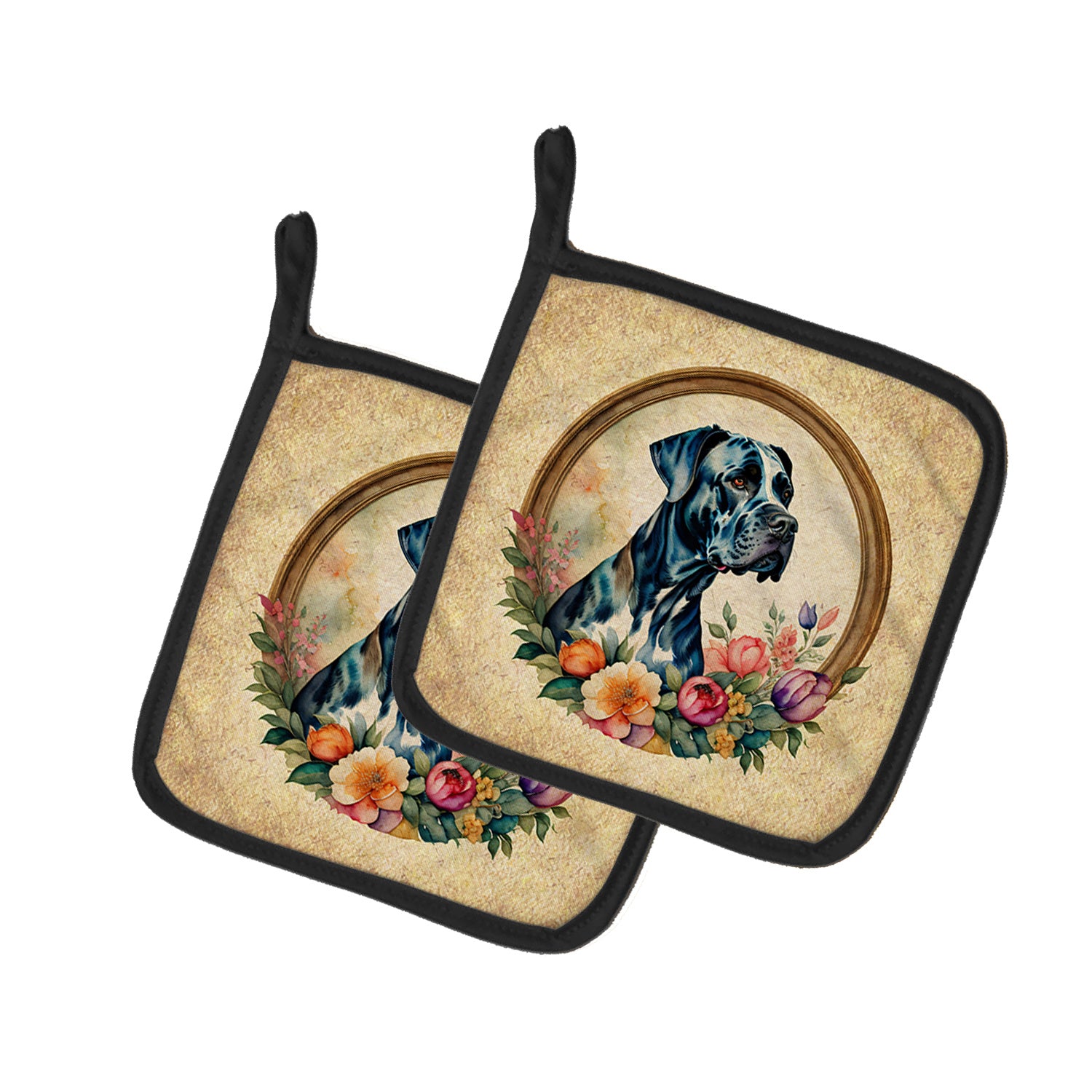 Great Dane and Flowers Pair of Pot Holders Kitchen Heat Resistant Pot Holders Sets Oven Hot Pads for Cooking Baking BBQ, 7 1/2 x 7 1/2