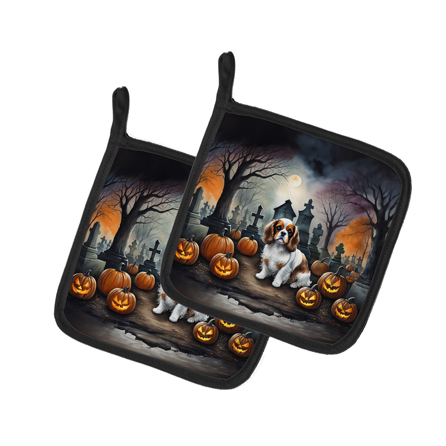 Cavalier Spaniel Spooky Halloween Pair of Pot Holders Kitchen Heat Resistant Pot Holders Sets Oven Hot Pads for Cooking Baking BBQ, 7 1/2 x 7 1/2