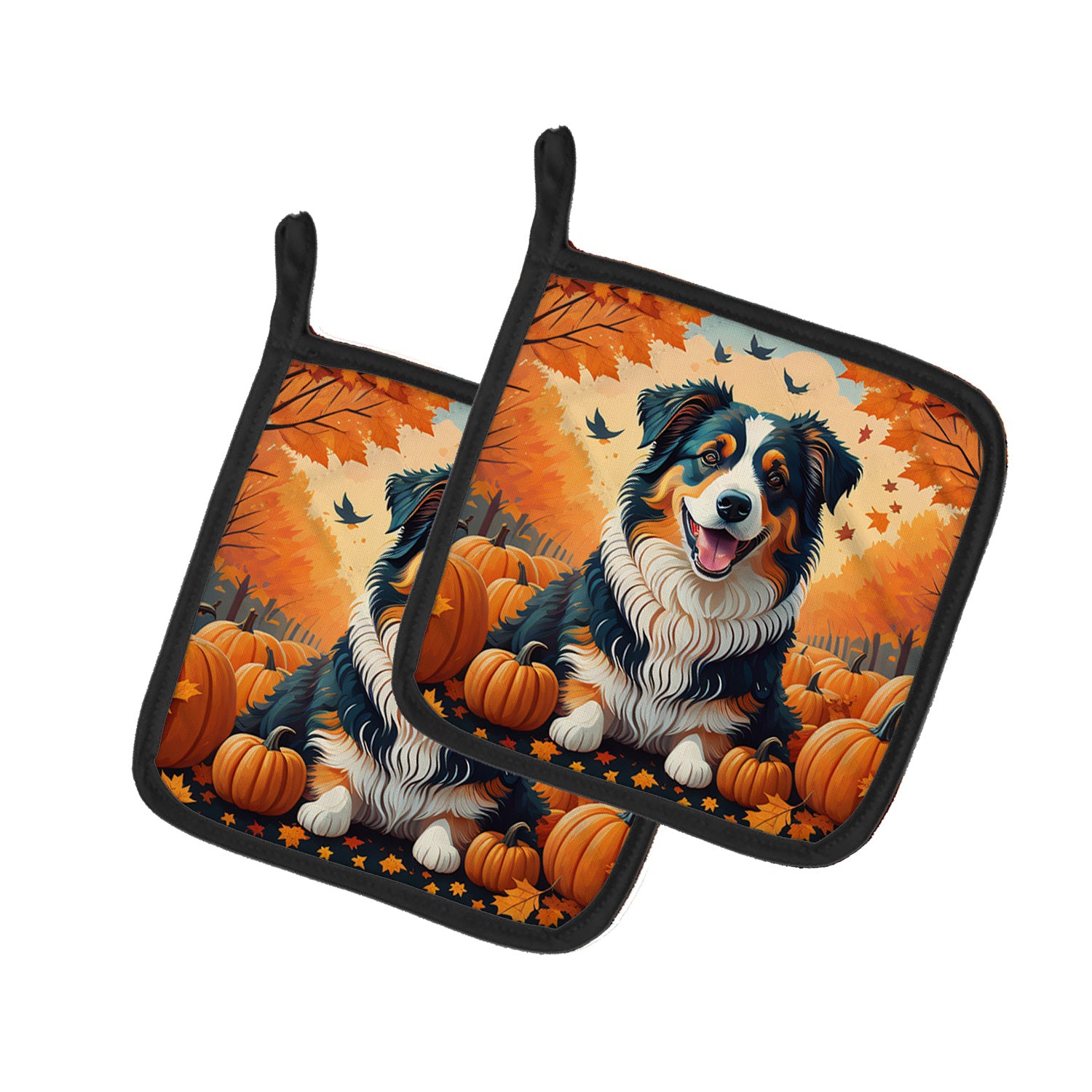 Australian Shepherd Terrier Fall Pair of Pot Holders Kitchen Heat Resistant Pot Holders Sets Oven Hot Pads for Cooking Baking BBQ, 7 1/2 x 7 1/2