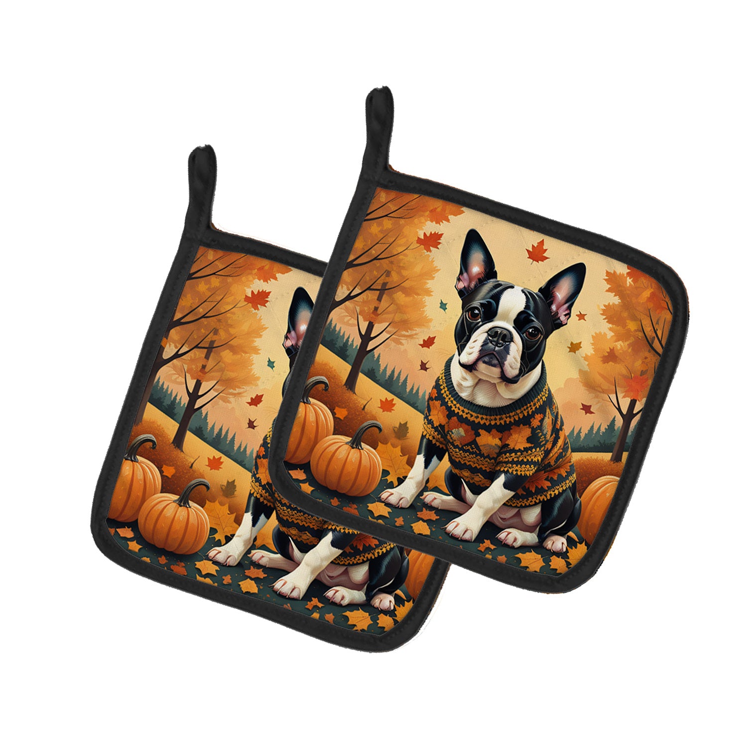 Boston Terrier Fall Pair of Pot Holders Kitchen Heat Resistant Pot Holders Sets Oven Hot Pads for Cooking Baking BBQ, 7 1/2 x 7 1/2