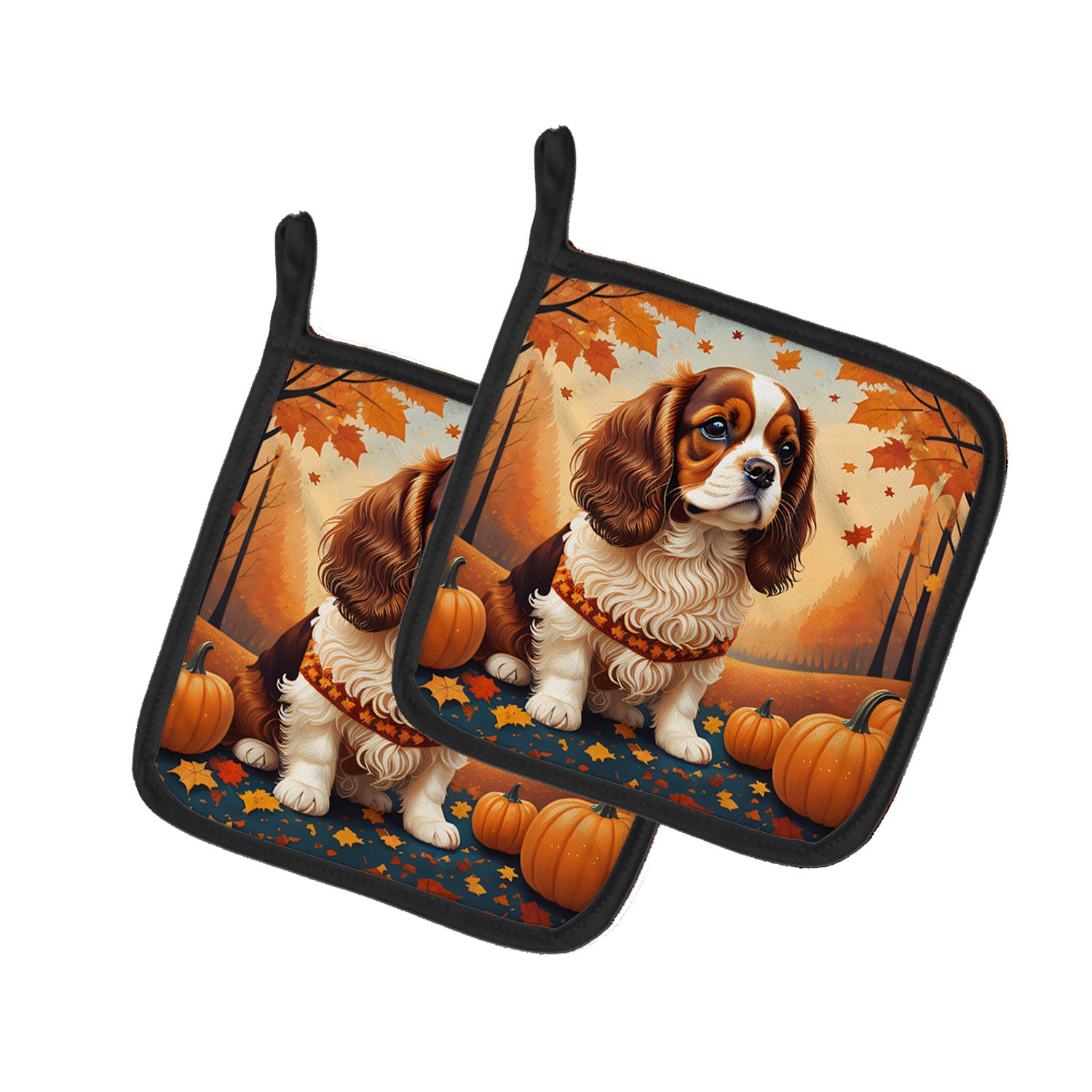 Cavalier Spaniel Fall Pair of Pot Holders Kitchen Heat Resistant Pot Holders Sets Oven Hot Pads for Cooking Baking BBQ, 7 1/2 x 7 1/2