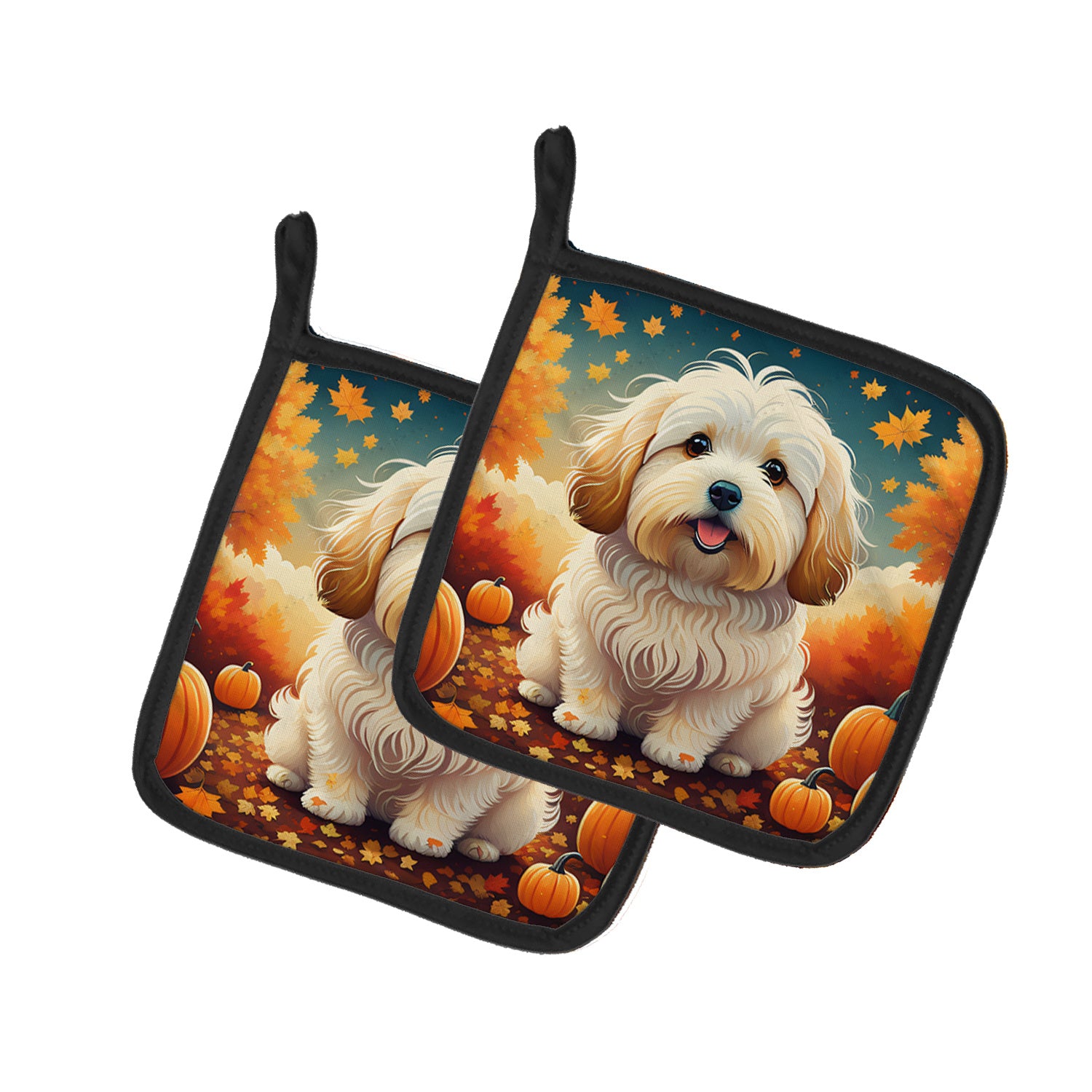 Coton De Tulear Fall Pair of Pot Holders Kitchen Heat Resistant Pot Holders Sets Oven Hot Pads for Cooking Baking BBQ, 7 1/2 x 7 1/2