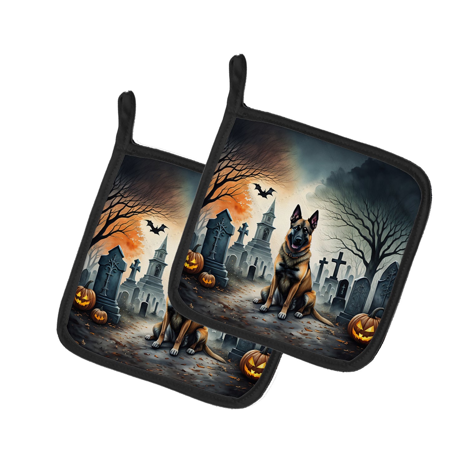 Belgian Malinois Spooky Halloween Pair of Pot Holders Kitchen Heat Resistant Pot Holders Sets Oven Hot Pads for Cooking Baking BBQ, 7 1/2 x 7 1/2