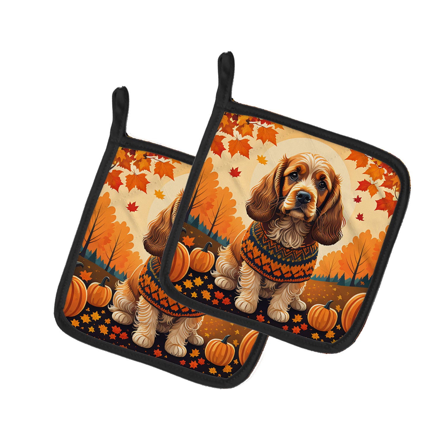 Cocker Spaniel Fall Pair of Pot Holders Kitchen Heat Resistant Pot Holders Sets Oven Hot Pads for Cooking Baking BBQ, 7 1/2 x 7 1/2