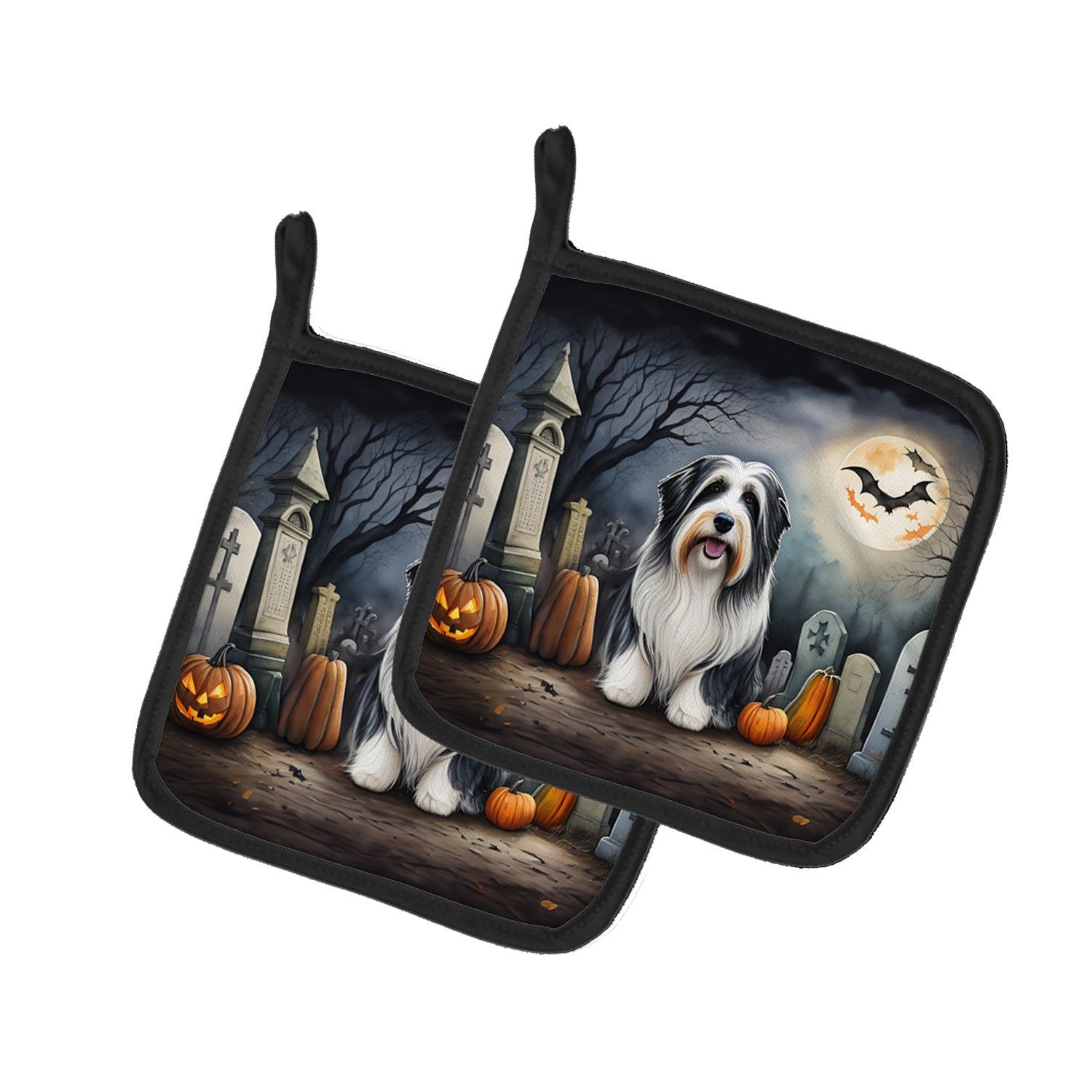 Bearded Collie Spooky Halloween Pair of Pot Holders Kitchen Heat Resistant Pot Holders Sets Oven Hot Pads for Cooking Baking BBQ, 7 1/2 x 7 1/2