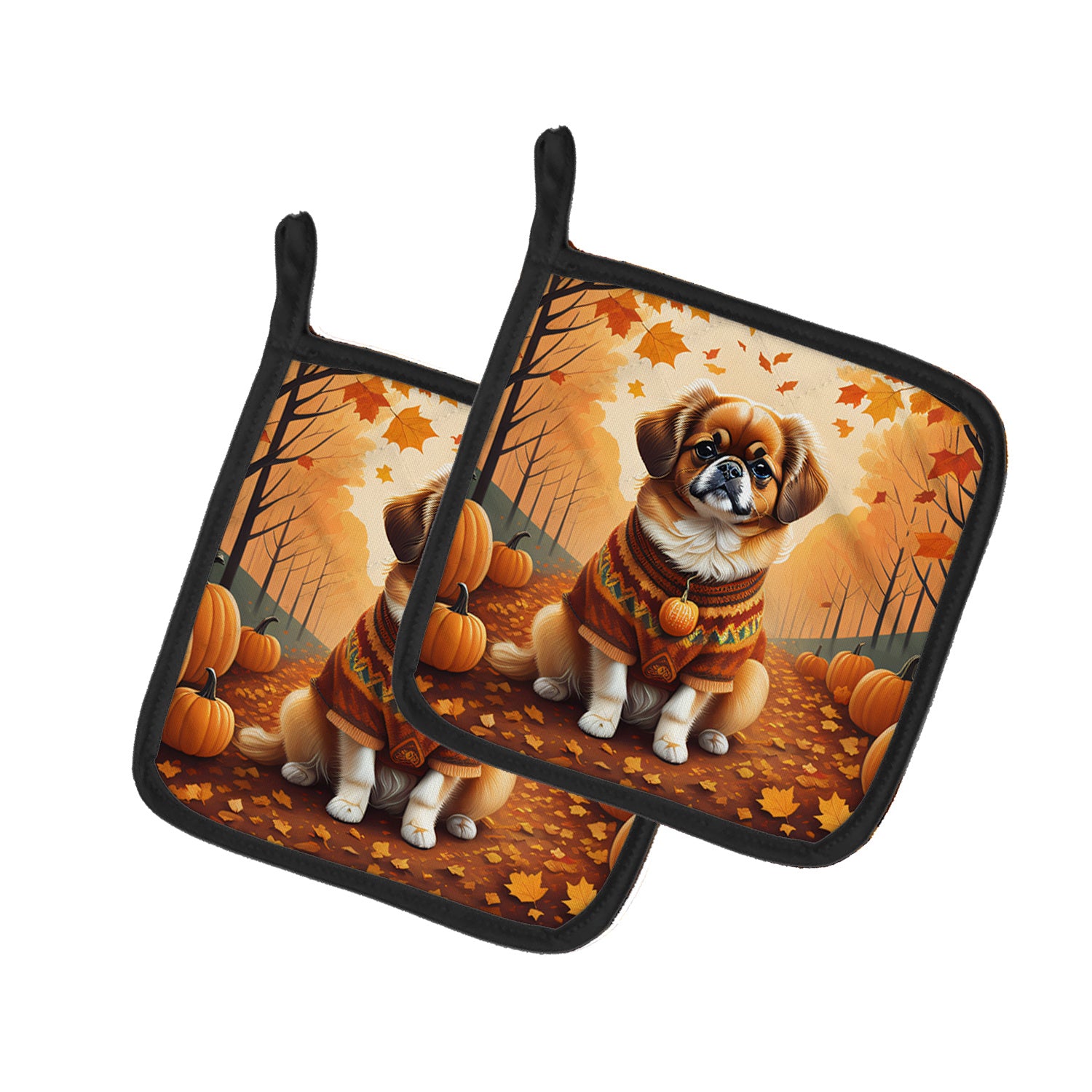 Tibetan Spaniel Fall Pair of Pot Holders Kitchen Heat Resistant Pot Holders Sets Oven Hot Pads for Cooking Baking BBQ, 7 1/2 x 7 1/2