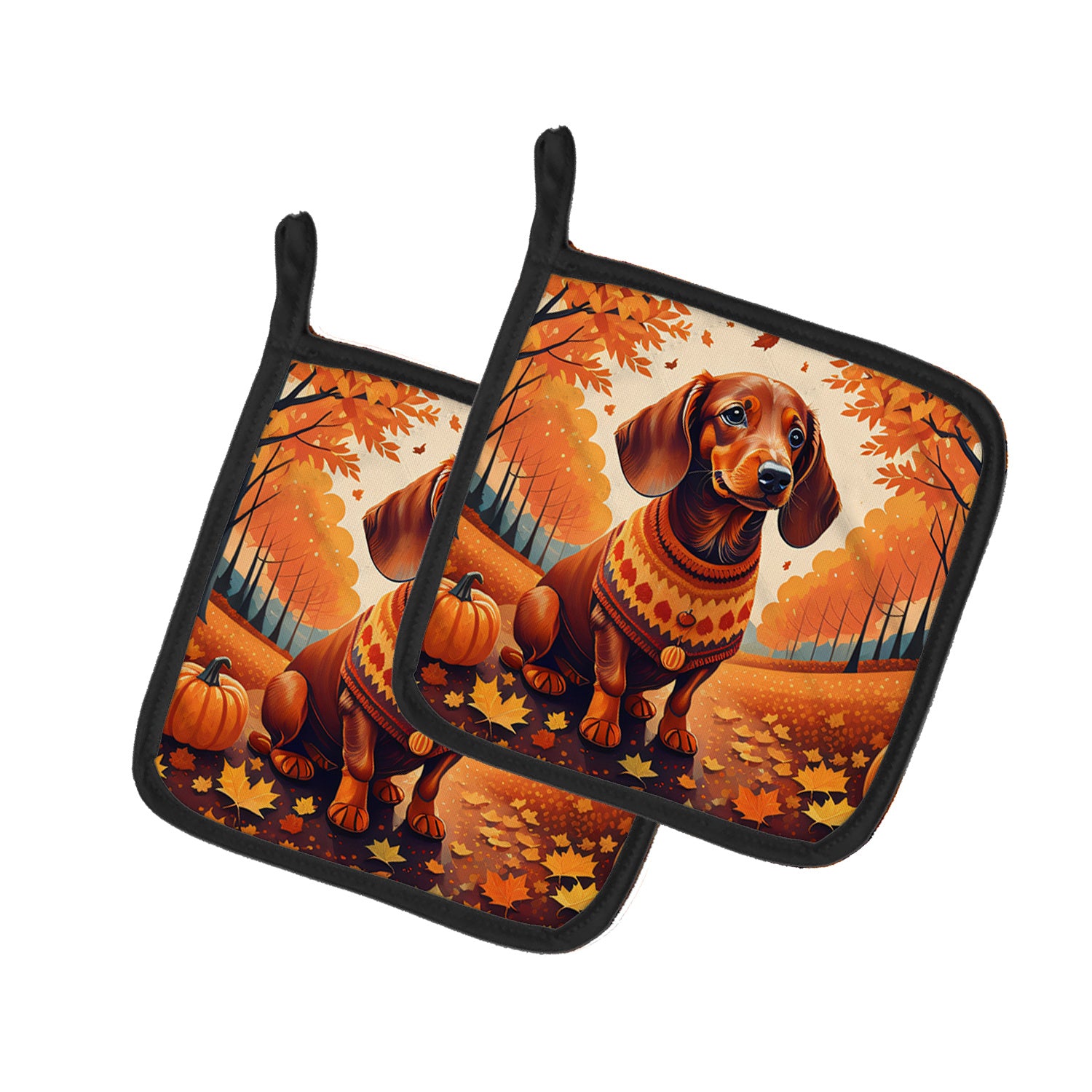 Dachshund Fall Pair of Pot Holders Kitchen Heat Resistant Pot Holders Sets Oven Hot Pads for Cooking Baking BBQ, 7 1/2 x 7 1/2