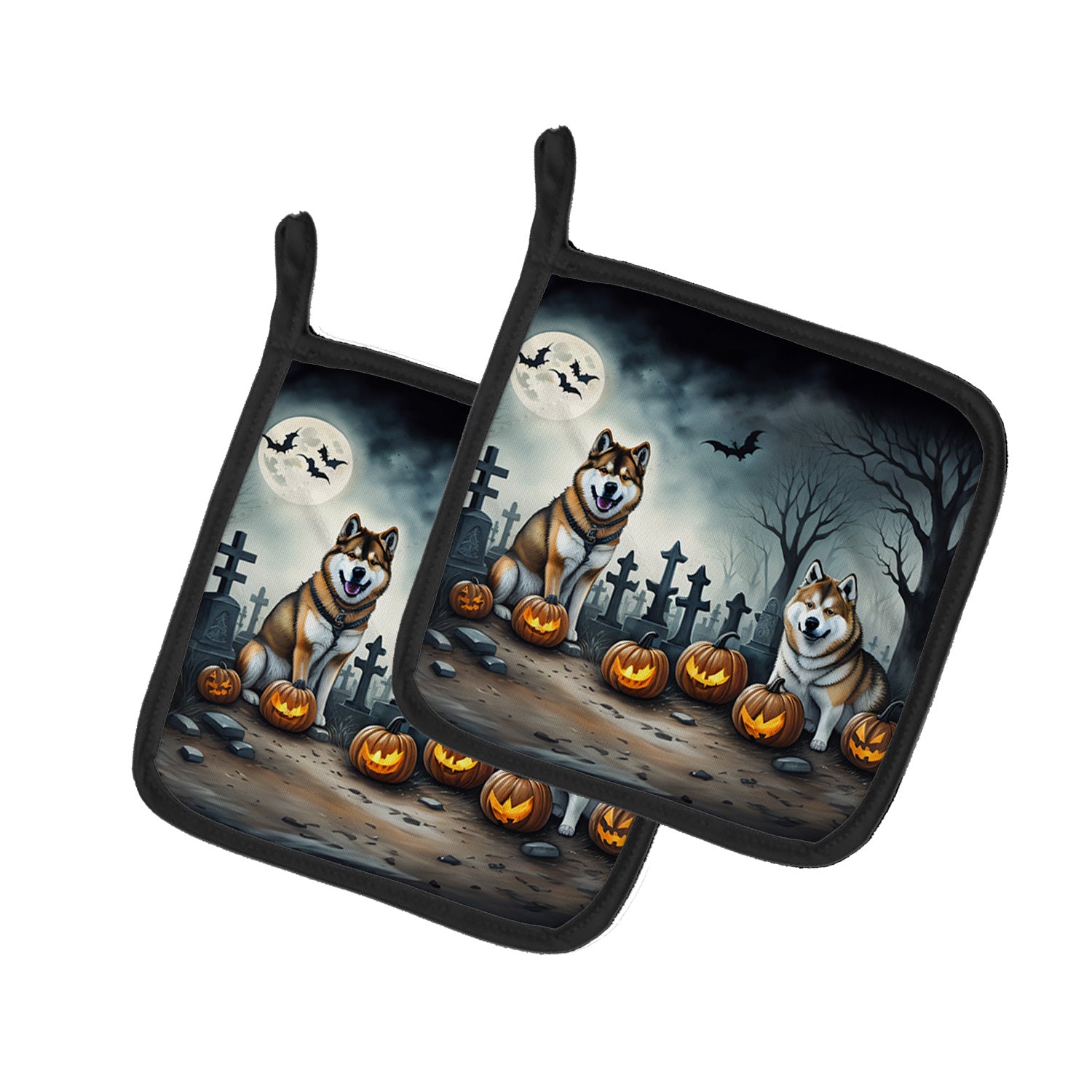 Akita Spooky Halloween Pair of Pot Holders Kitchen Heat Resistant Pot Holders Sets Oven Hot Pads for Cooking Baking BBQ, 7 1/2 x 7 1/2