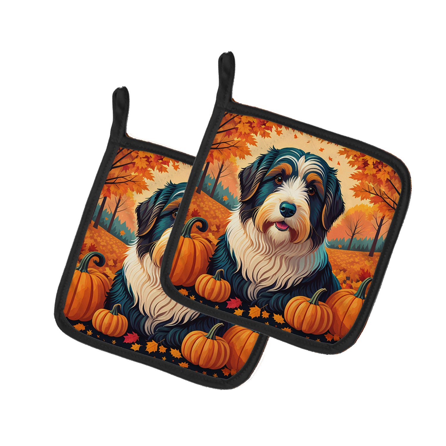 Bearded Collie Fall Pair of Pot Holders Kitchen Heat Resistant Pot Holders Sets Oven Hot Pads for Cooking Baking BBQ, 7 1/2 x 7 1/2