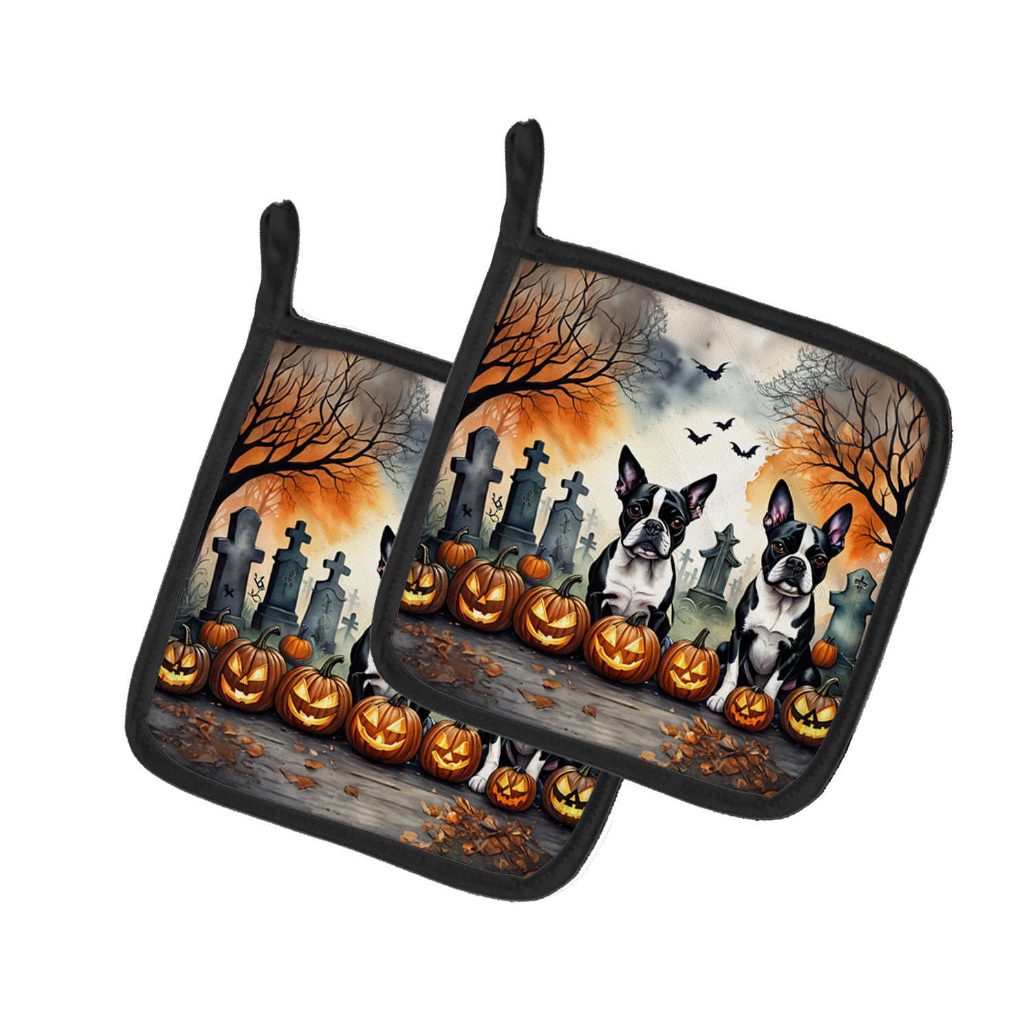 Boston Terrier Spooky Halloween Pair of Pot Holders Kitchen Heat Resistant Pot Holders Sets Oven Hot Pads for Cooking Baking BBQ, 7 1/2 x 7 1/2