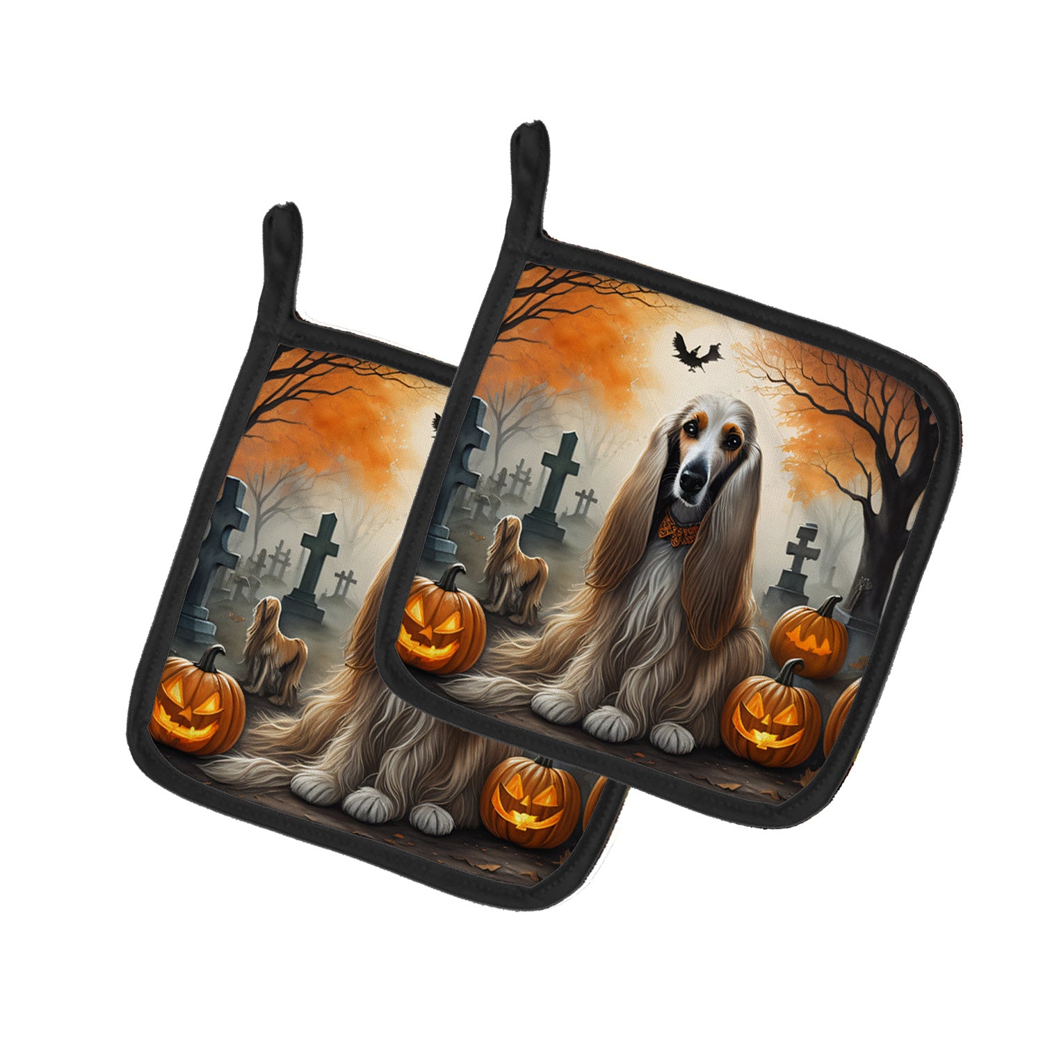 Afghan Hound Spooky Halloween Pair of Pot Holders Kitchen Heat Resistant Pot Holders Sets Oven Hot Pads for Cooking Baking BBQ, 7 1/2 x 7 1/2